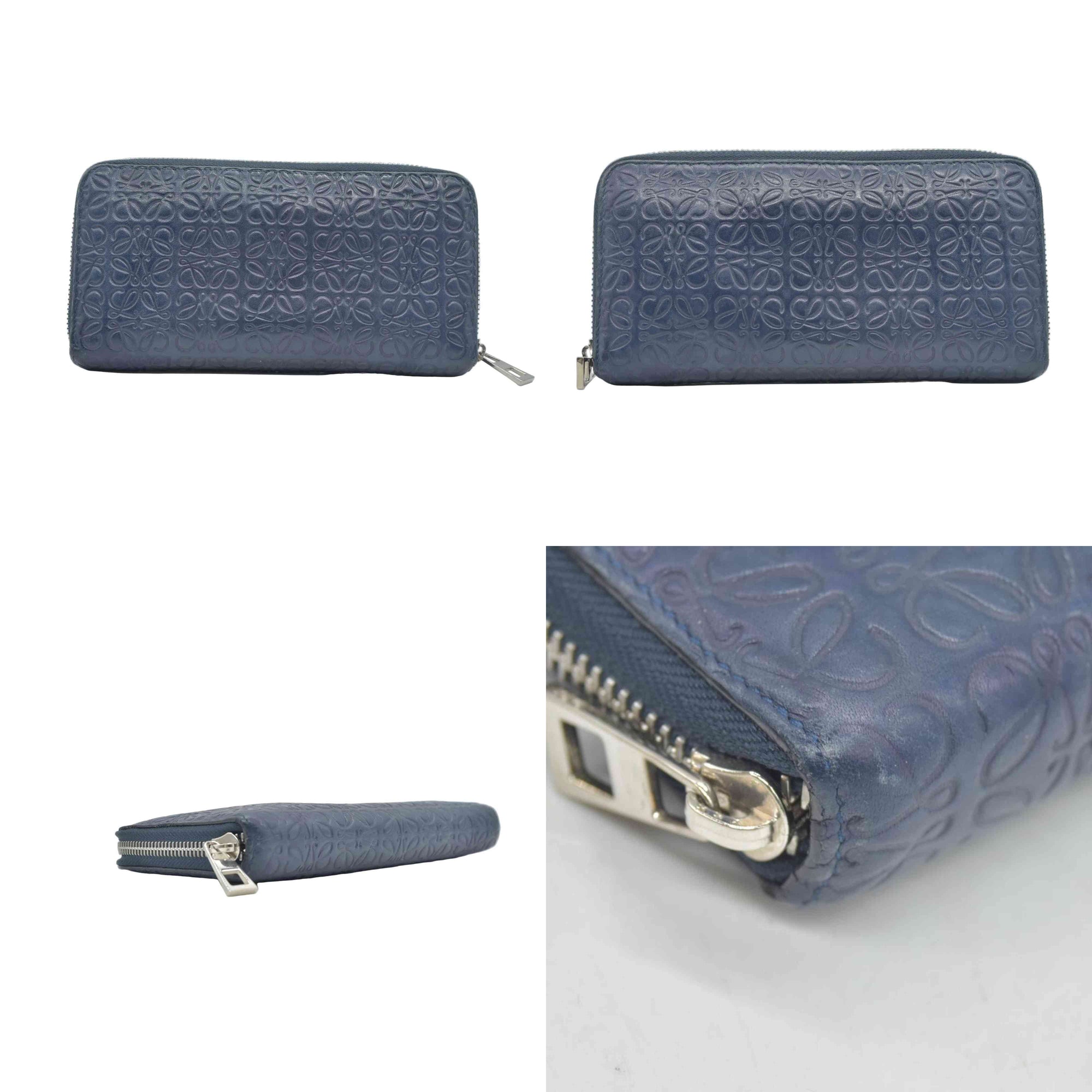 $990 Loewe Calfskin Embossed Repeat Medium Zip Wallet Blue CONSIGNMENT