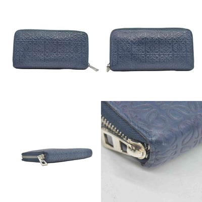 $990 Loewe Calfskin Embossed Repeat Medium Zip Wallet Blue CONSIGNMENT