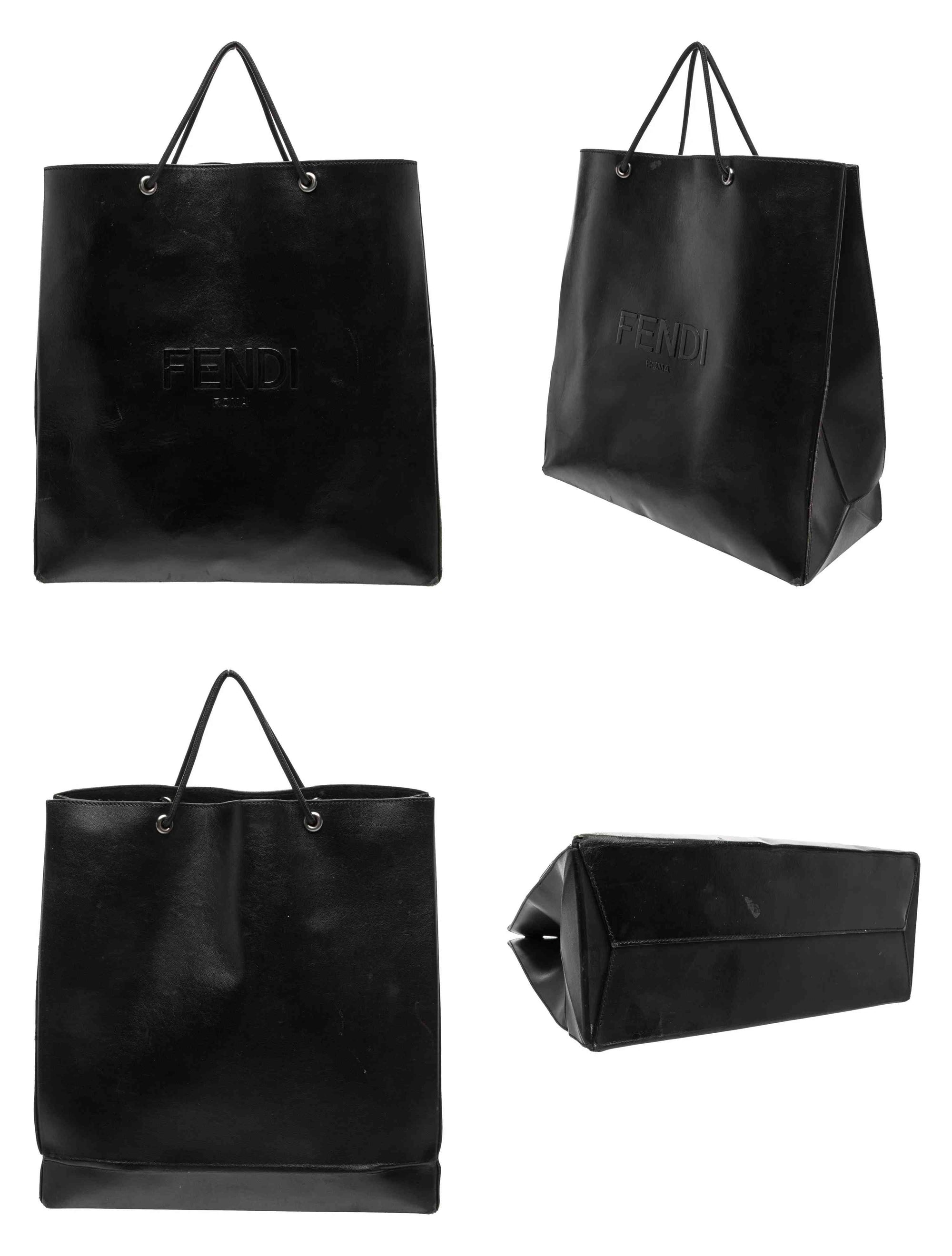 $2750 2021 FENDI Roma Embossed Logo Leather Tote Bag Black Flat Shopping Bag 10020167