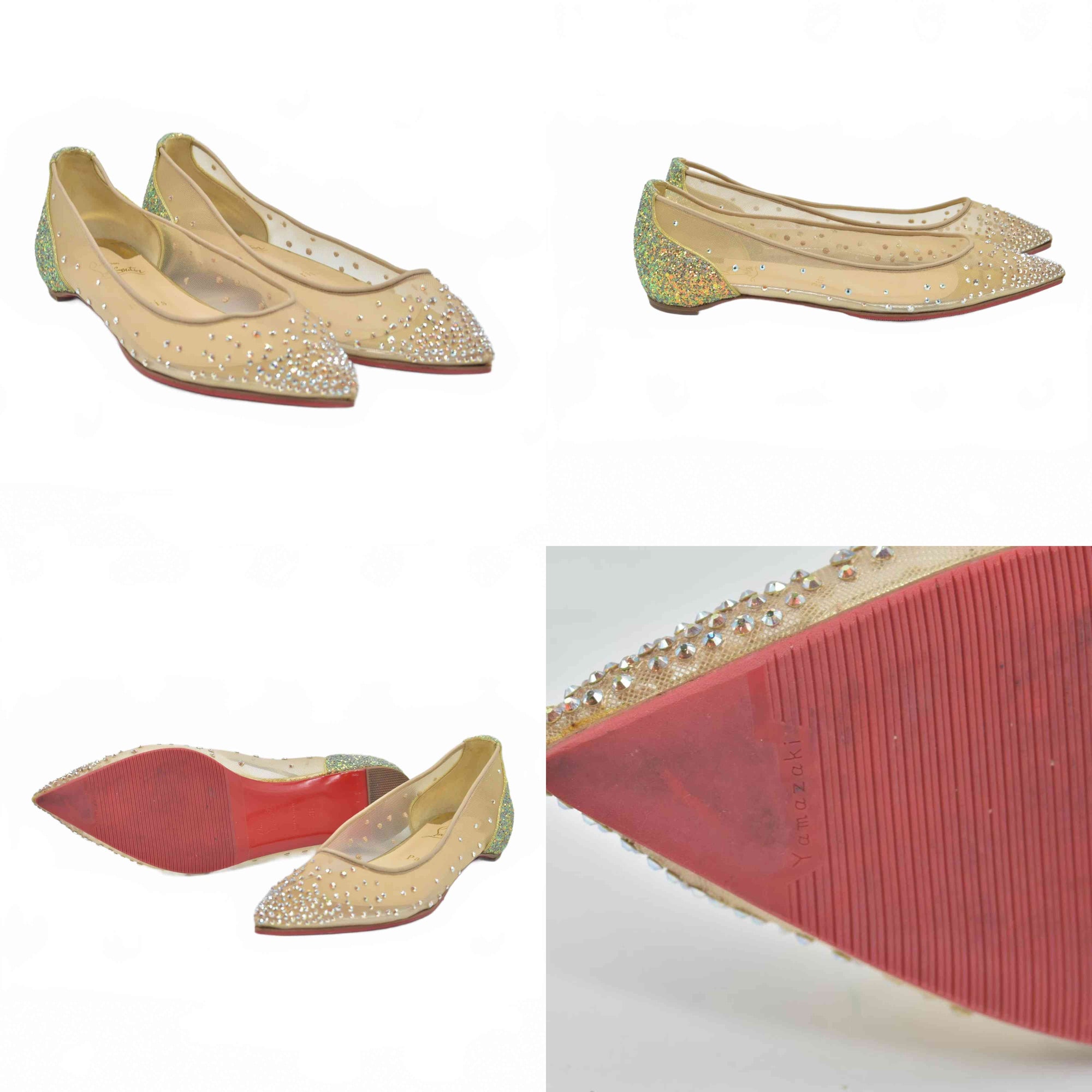 $1245 Christian Louboutin Crystal Strass Follies Flats 38 Light Silk