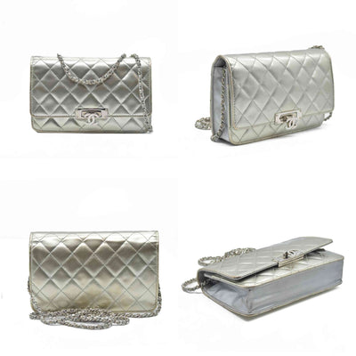 $3000 Chanel  Patent Quilted Golden Class Wallet on Chain WOC Silver