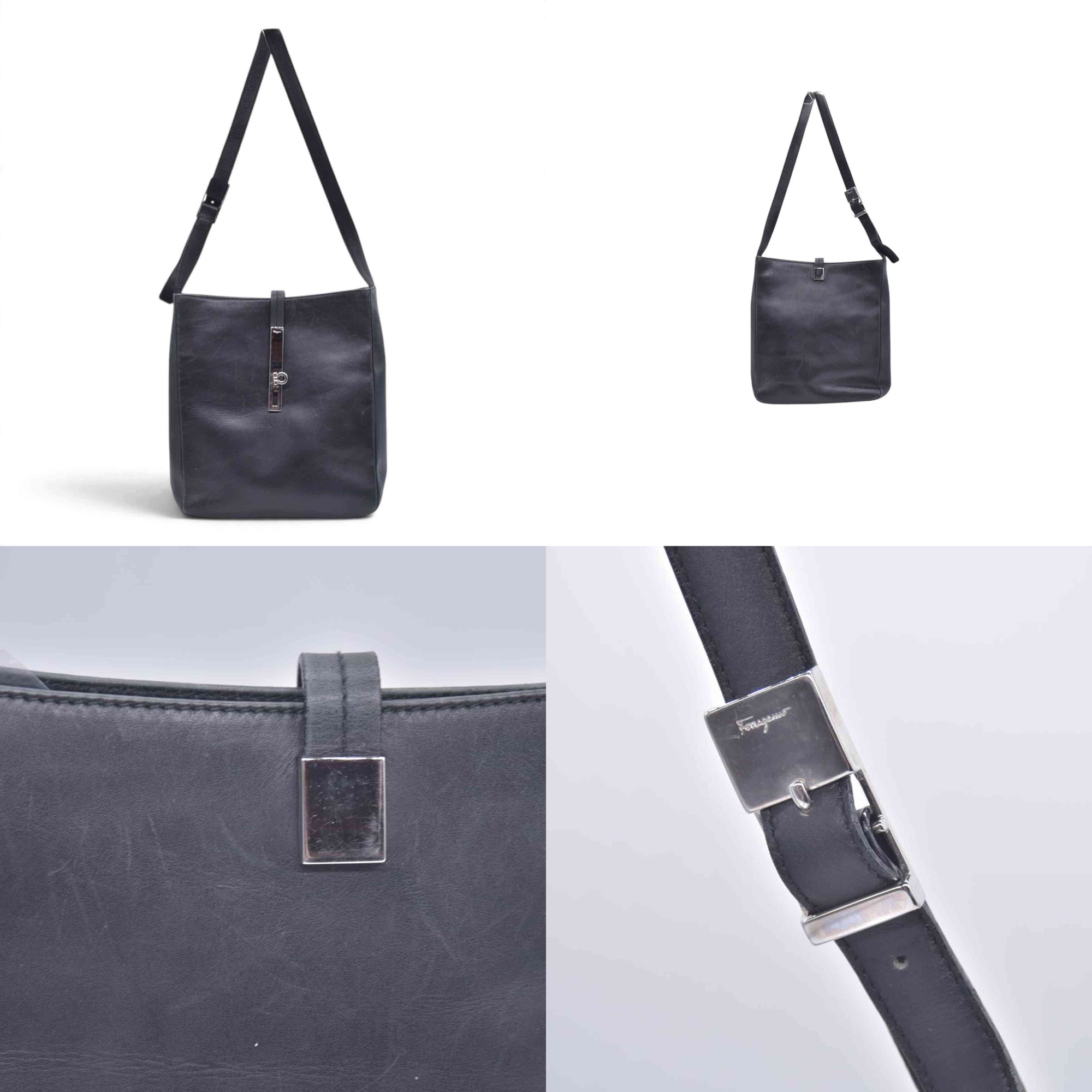 $950 SALVATORE FERRAGAMO Leather Gancini Lock Shoulder Bag Black CONSIGNMENT 10021187