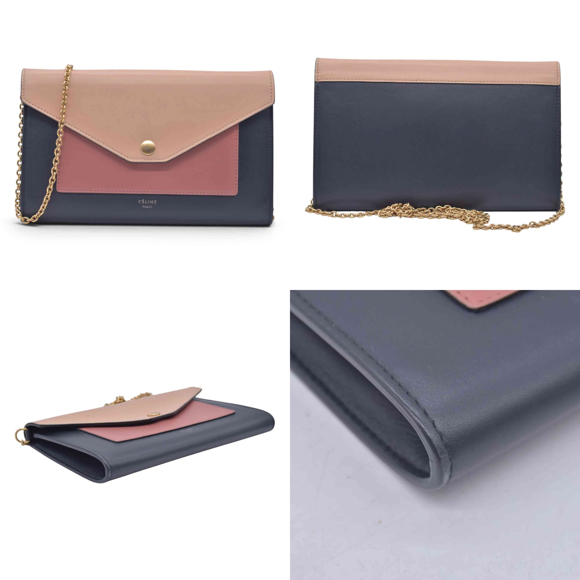 $1200 CELINE Smooth Calfskin Tri-Color Envelope Flap Wallet on Chain Navy Beige Pink CONSIGNMENT 10021559