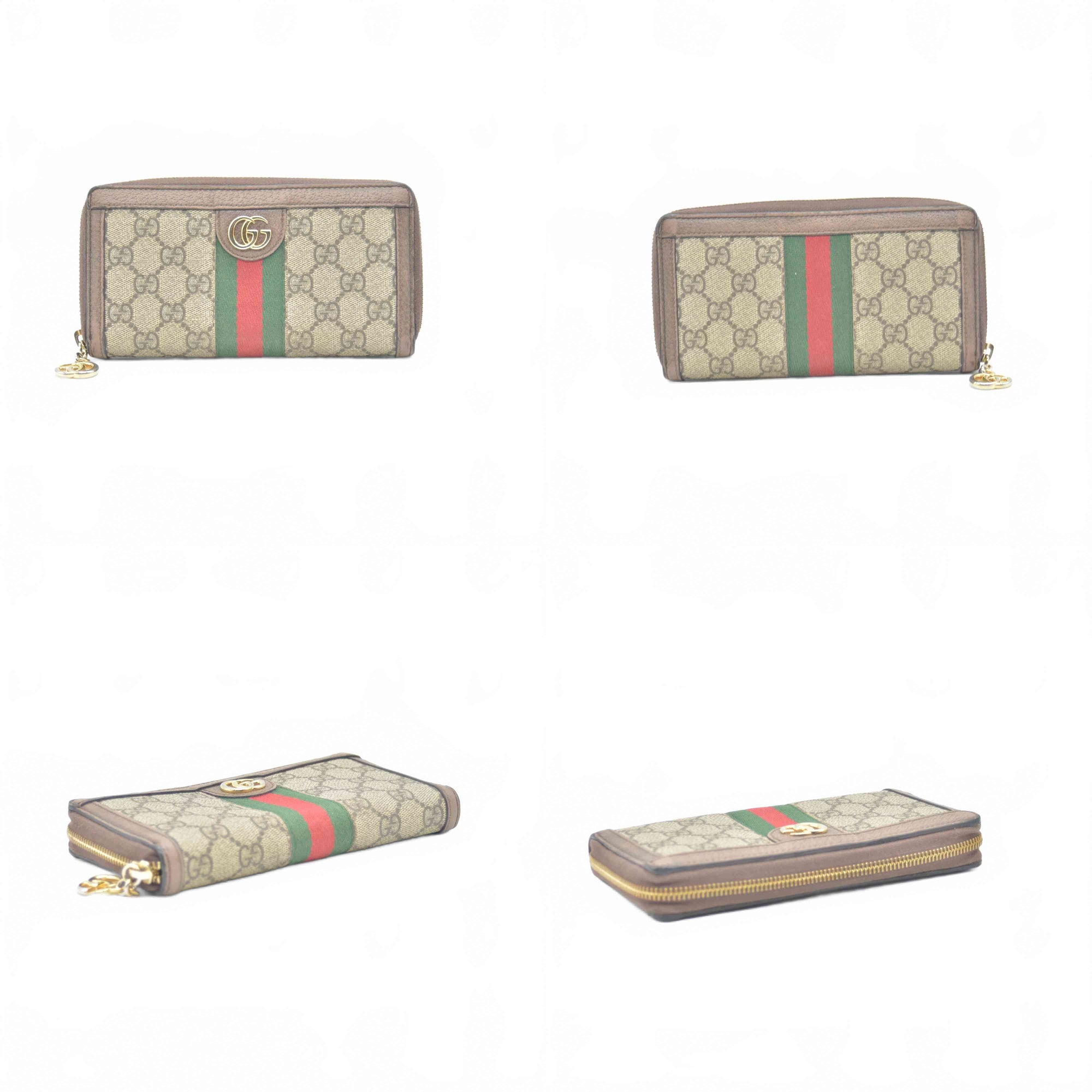 $770 Gucci GG Ophidia Zip Around Wallet Beige Brown Canvas CONSIGNMENT