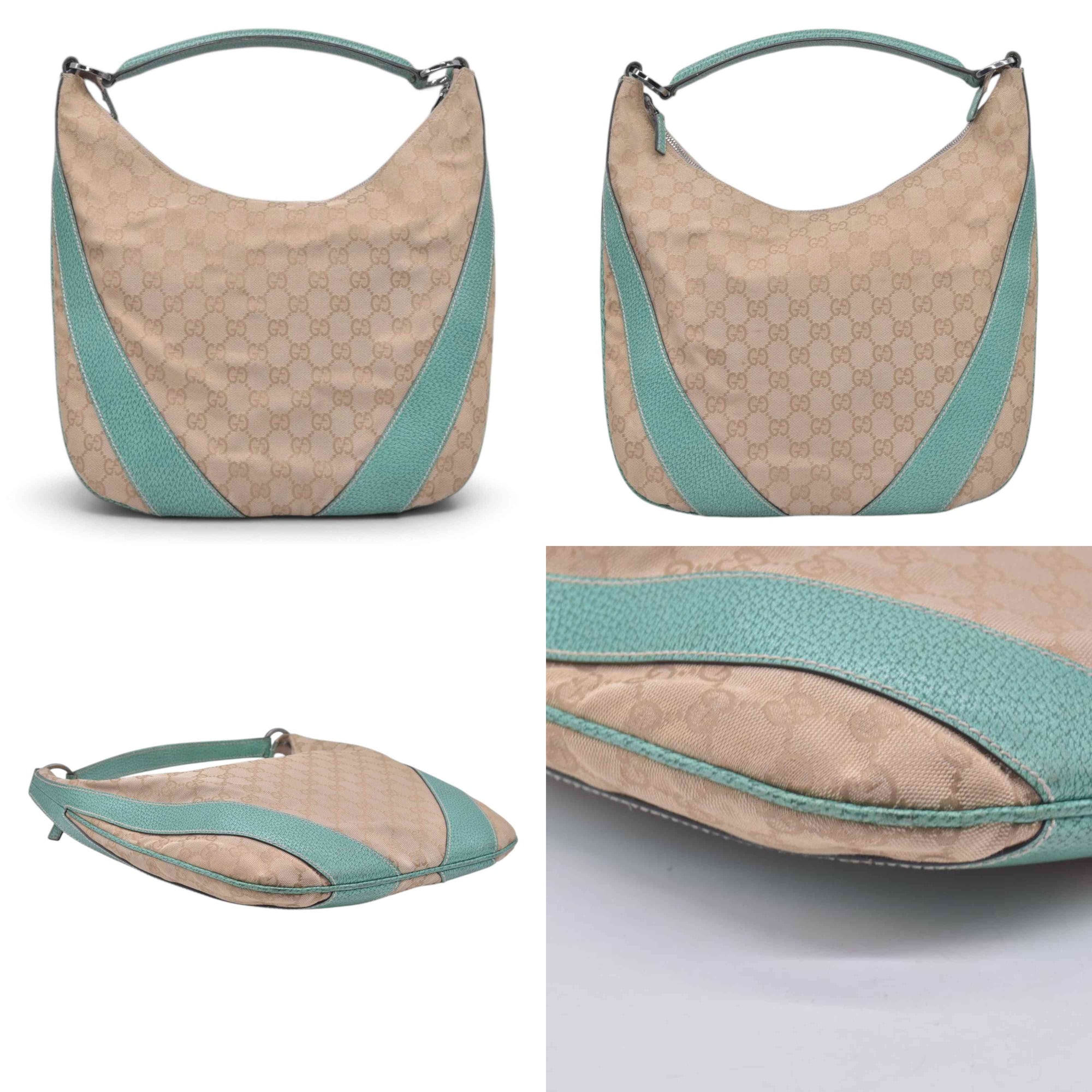 $890 GUCCI GG Canvas Seafoam Green Leather Curved Hobo Shoulder Bag Beige CONSIGNMENT 10021457
