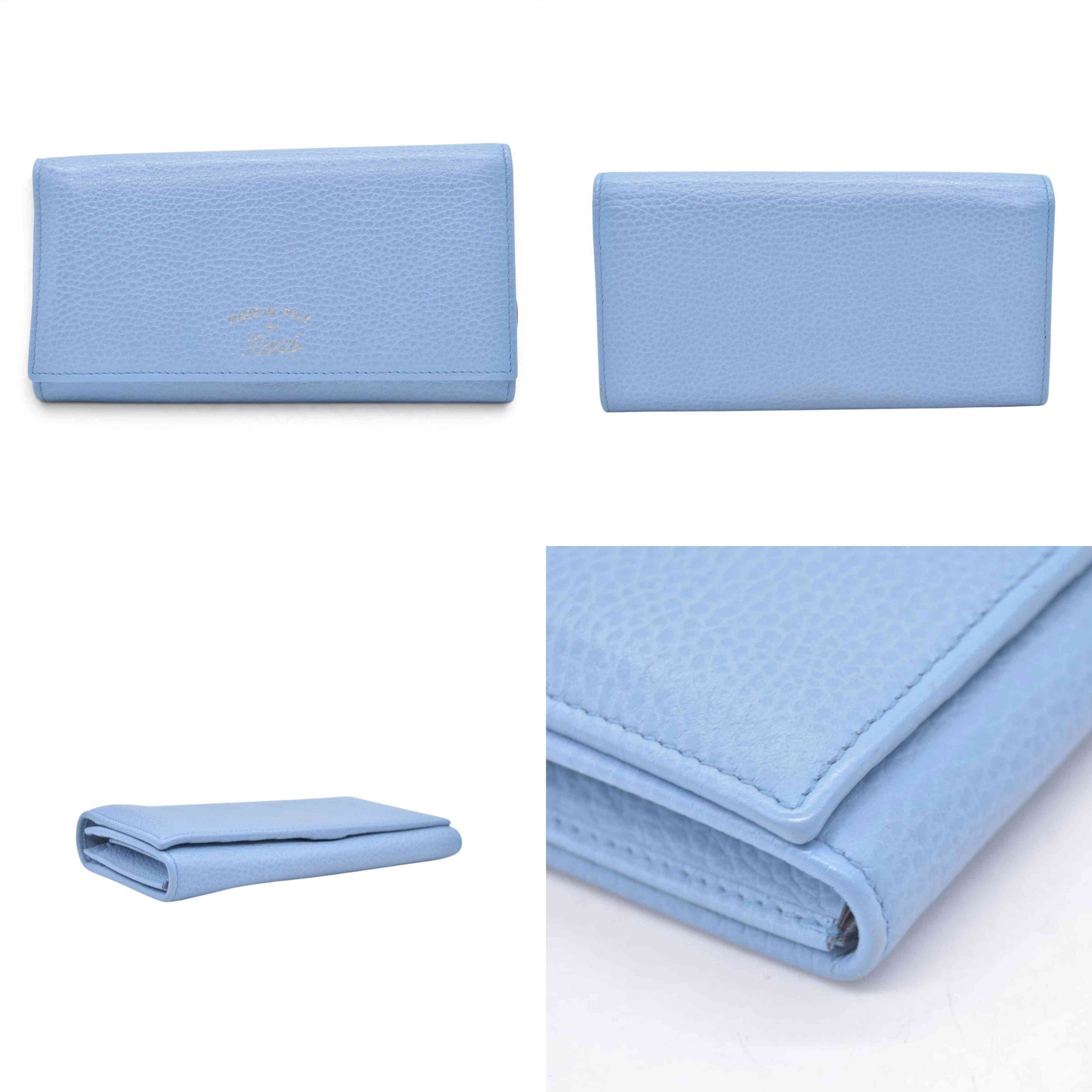 $660 GUCCI Light Blue Pebbled Swing Leather Flap Long Wallet CONSIGNMENT 10021436