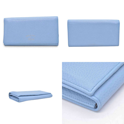 $660 GUCCI Light Blue Pebbled Swing Leather Flap Long Wallet CONSIGNMENT 10021436