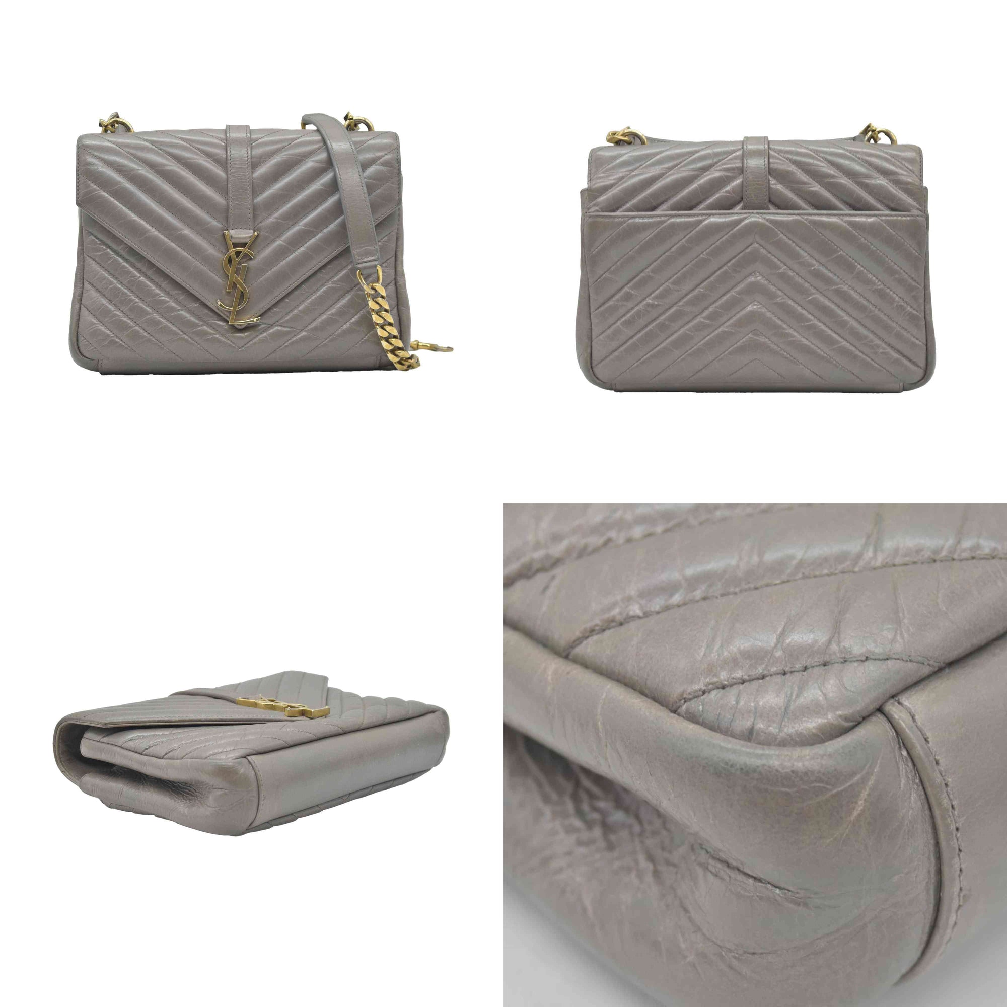 $2800 Saint Laurent Waxed Calfskin Matelasse Chevron Medium Monogram College Bag Fog Gray