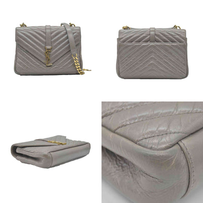 $2800 Saint Laurent Waxed Calfskin Matelasse Chevron Medium Monogram College Bag Fog Gray
