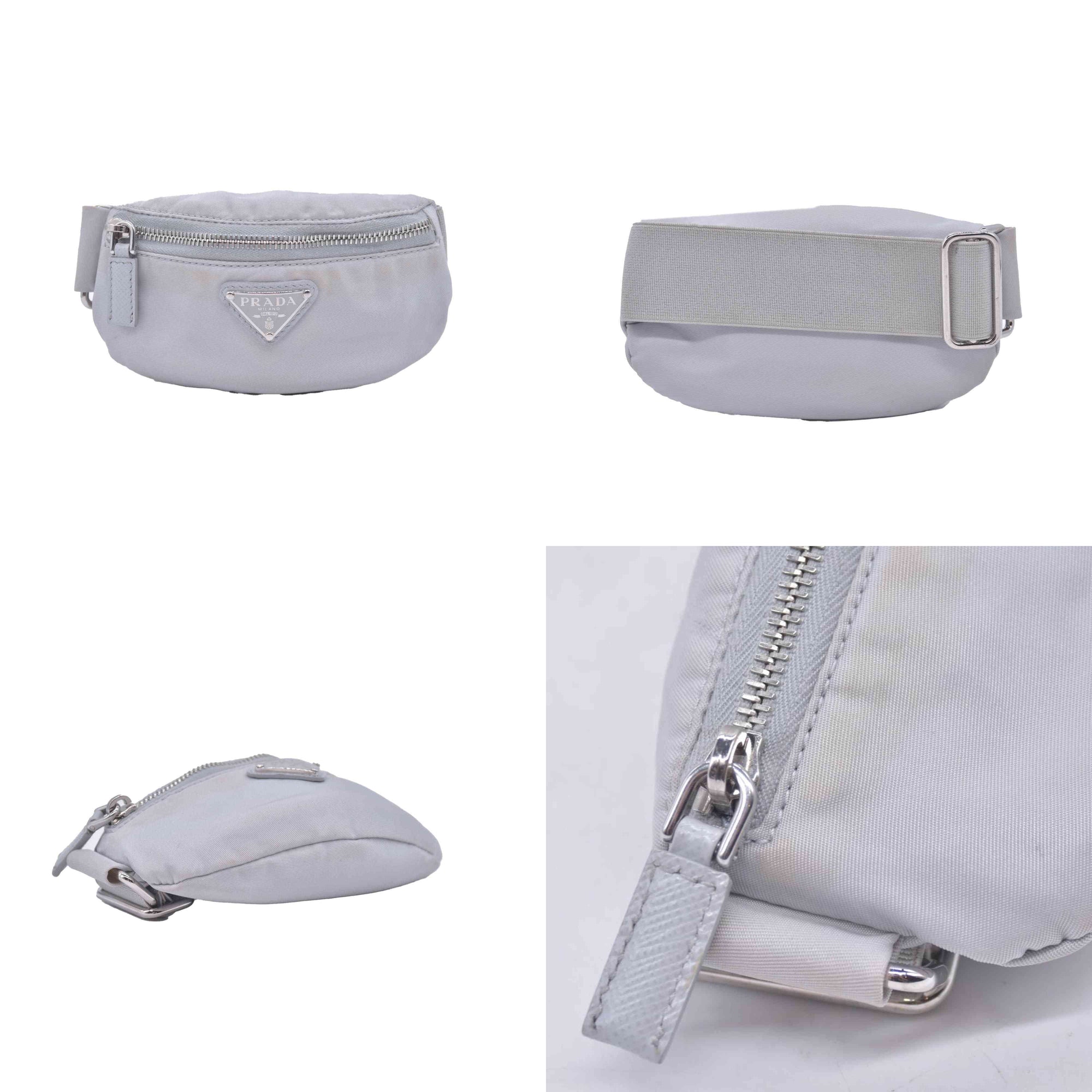 $925 Prada Triangle Plate Wrist Pouch Silver