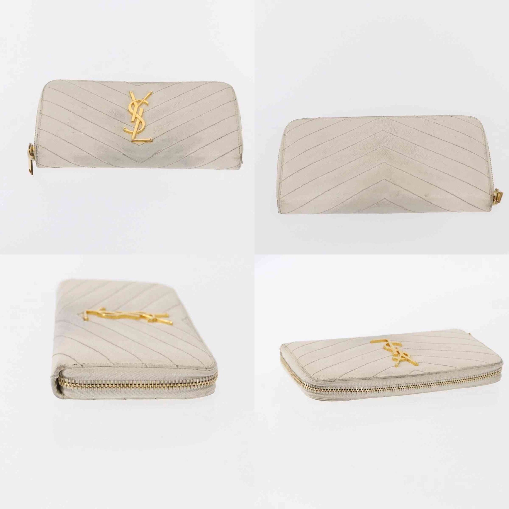$950 Saint Laurent Grain De Poudre Matelasse Chevron Monogram Zip Around Wallet White