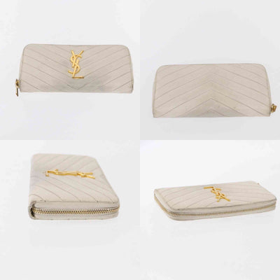 $950 Saint Laurent Grain De Poudre Matelasse Chevron Monogram Zip Around Wallet White