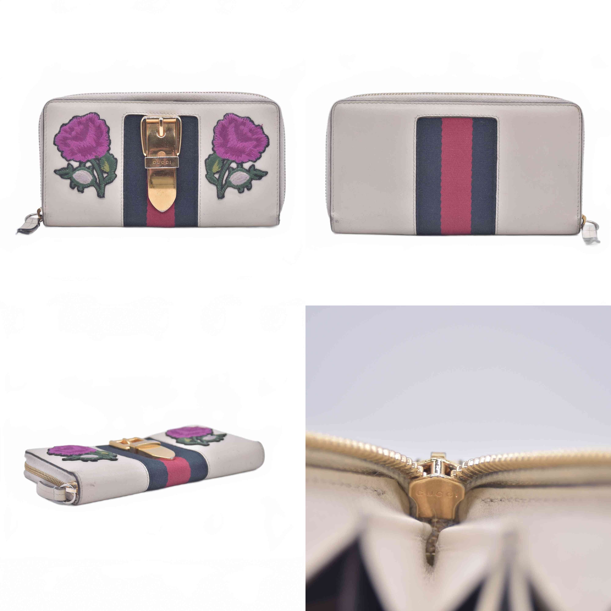 $980 Gucci White Sylvie Floral Embroidery Zip Around Wallet 10020981