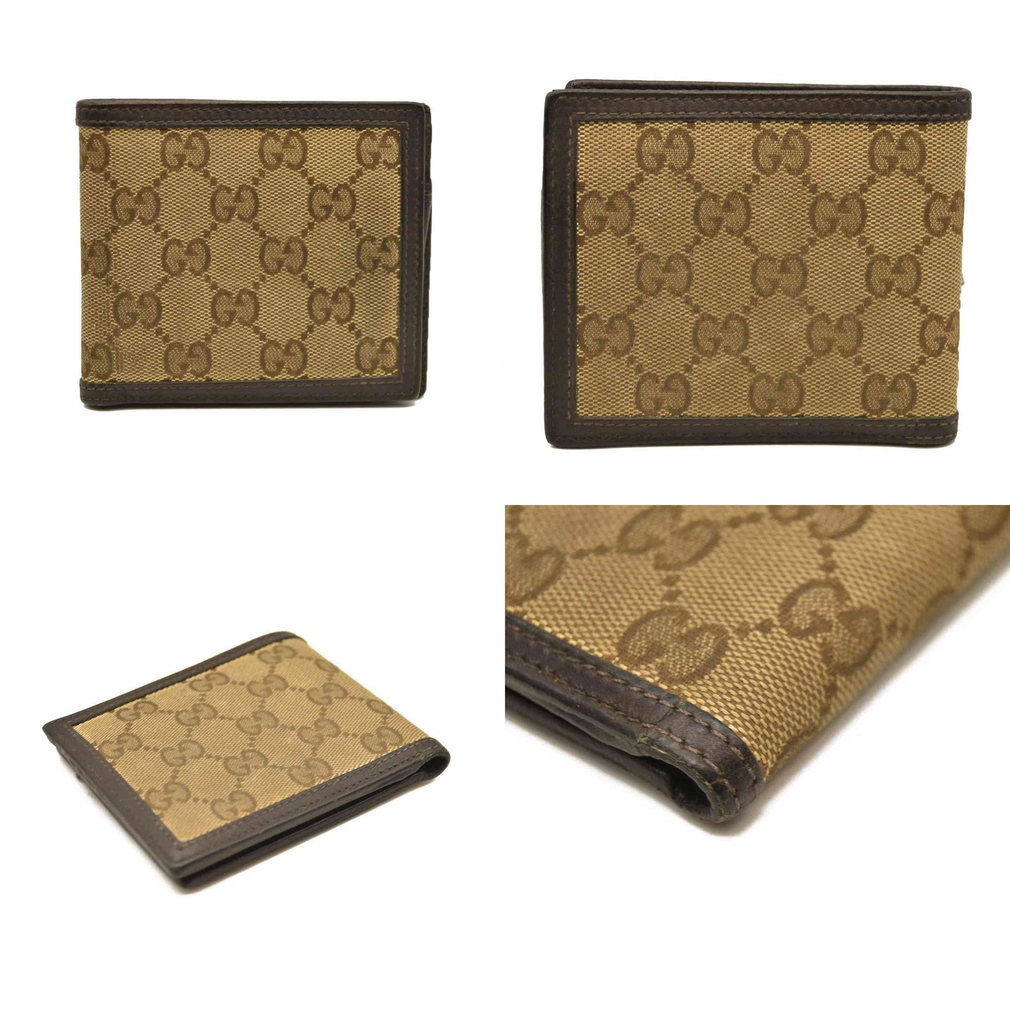 GUCCI GG Logo Canvas Leather Bifold Wallet Beige