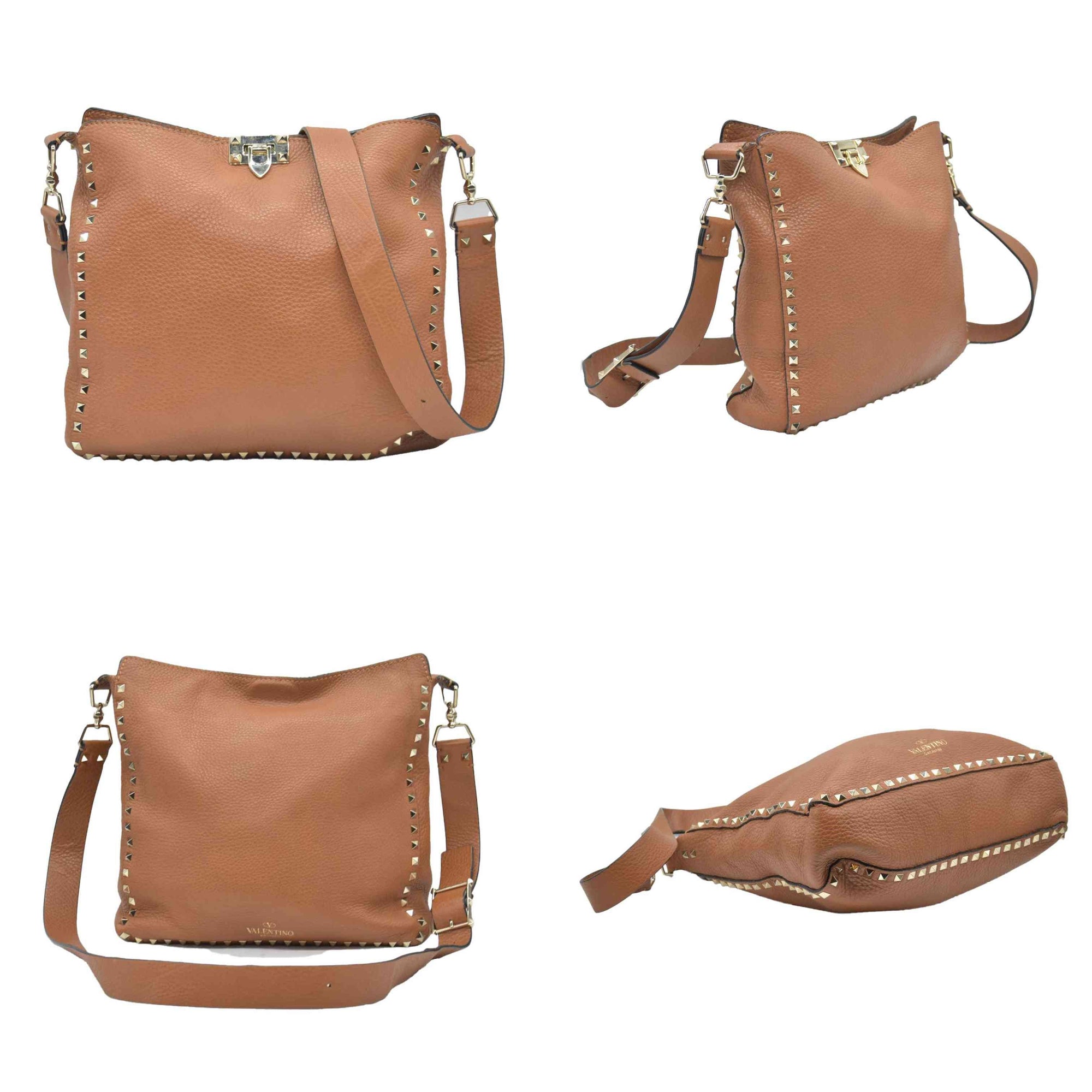 $2275 Valentino Pebbled Calfskin Small Rockstud Flip-Lock Messenger Bag Brown