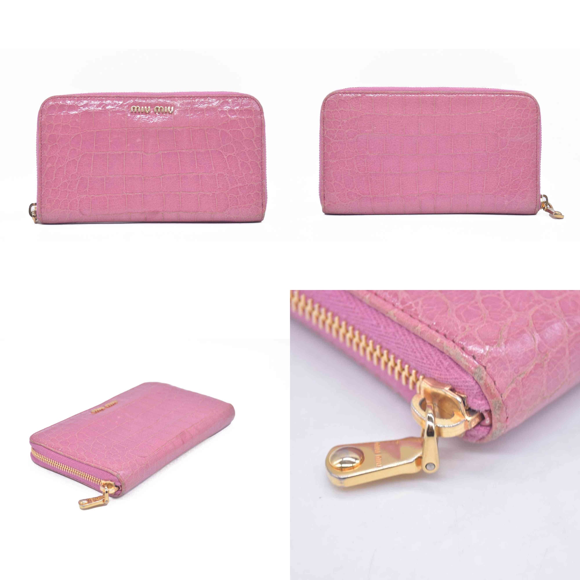 $545 Miu Miu  Vernice Crocodile Embossed Calfskin Zip Around Wallet Antico CONSIGNMENT