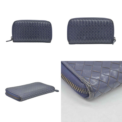 $1100 Bottega Veneta Nappa Intrecciato Zip Around Wallet Navy CONSIGNMENT