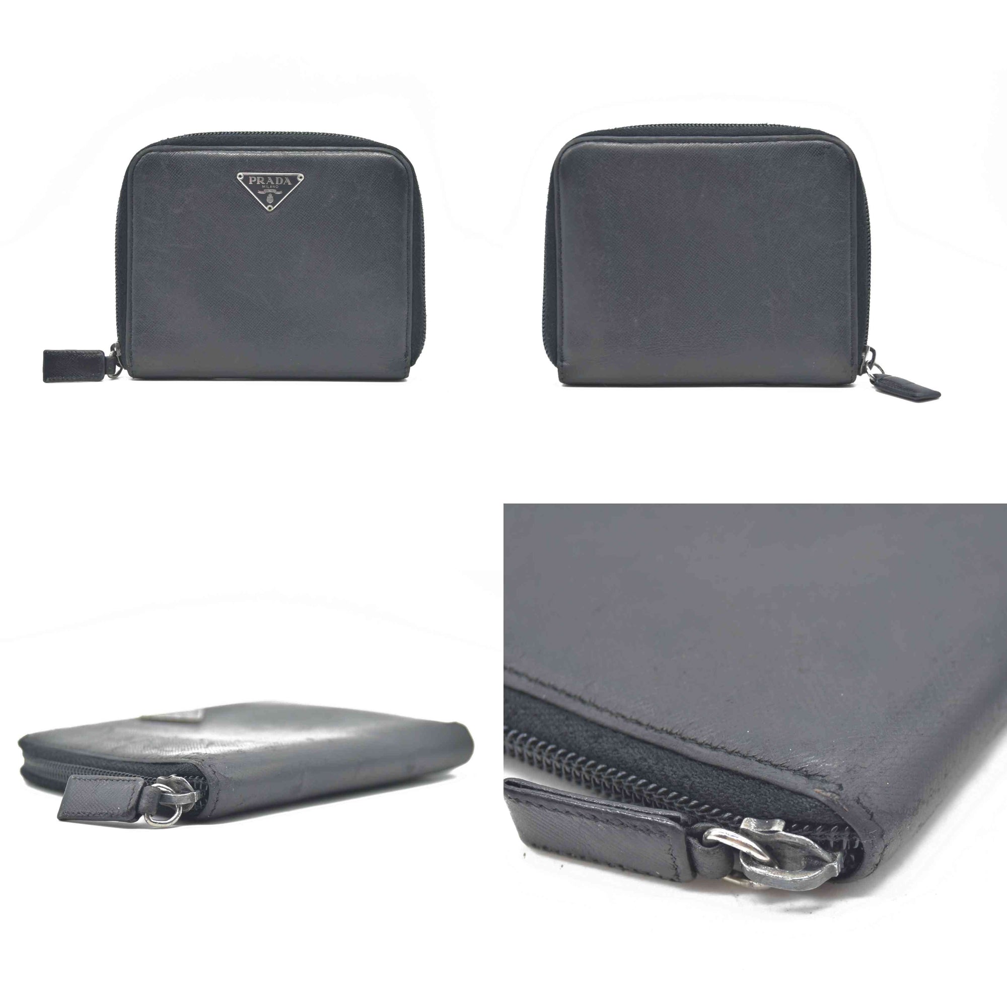 $725 Prada Logo Plaque Saffiano Wallet Black CONSIGNMENT 10020874