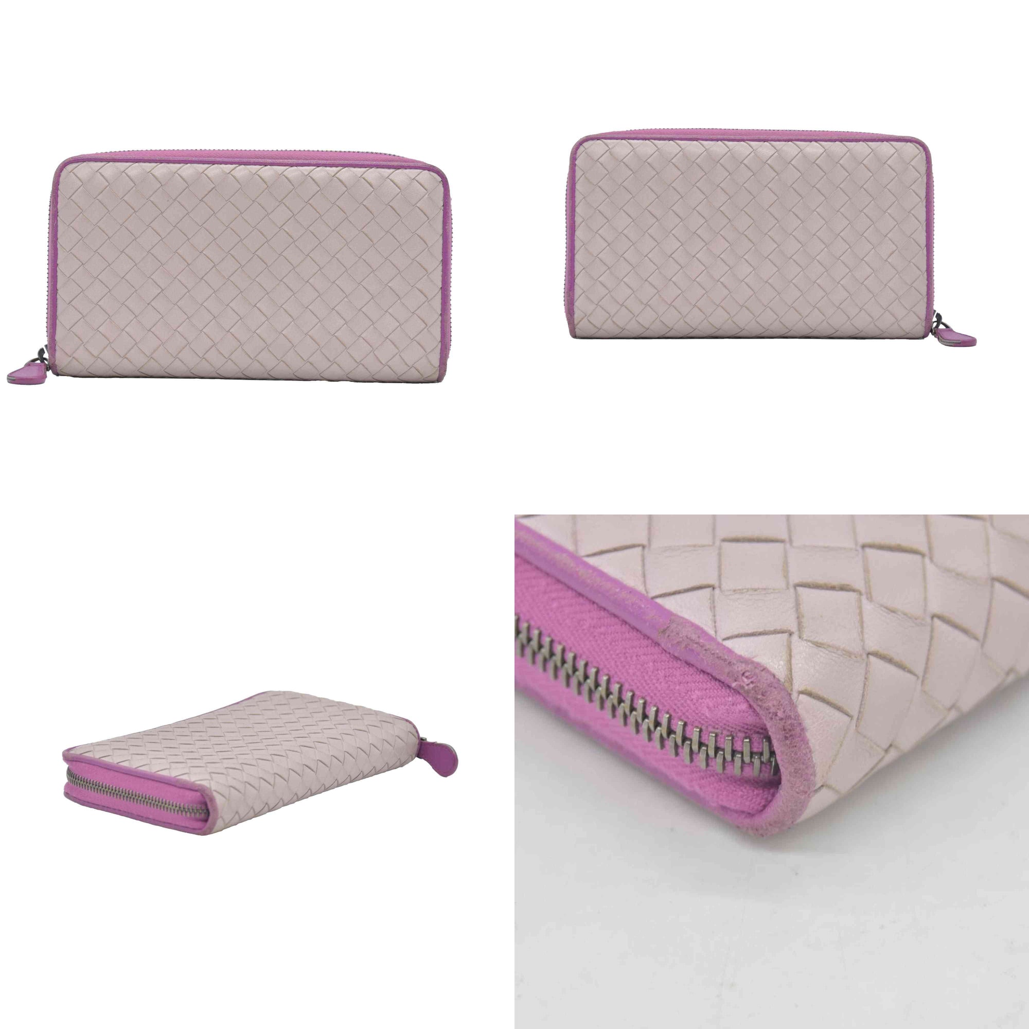 $760 Bottega Veneta Nappa Intrecciato Zip Around Wallet Bicolor Purple Pink CONSIGNMENT