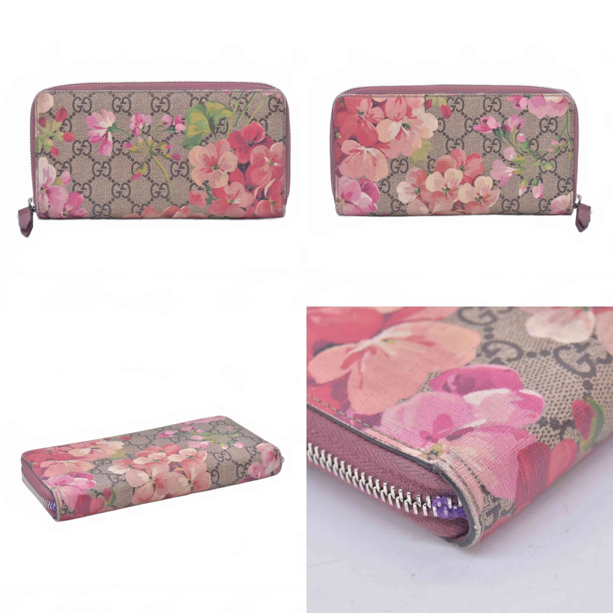 $620 Gucci GG Supreme Monogram Blooms Zip Around Wallet Beige Multicolor Dry Rose