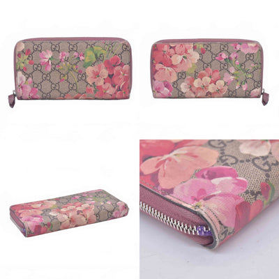 $620 Gucci GG Supreme Monogram Blooms Zip Around Wallet Beige Multicolor Dry Rose