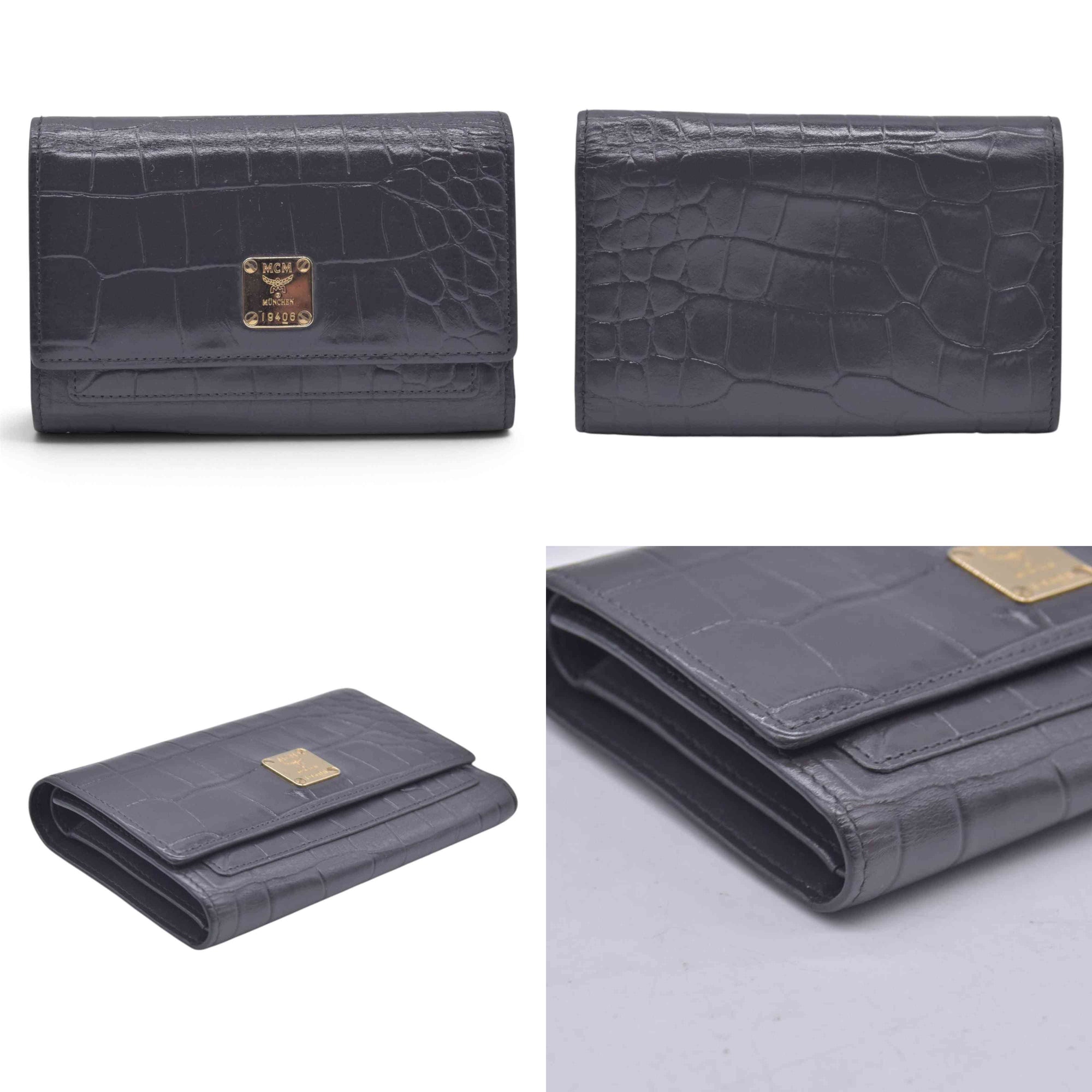 $380 MCM Embossed Crocodile Leather Logo Plaque Medium Flap Wallet Grey CONSIGNMENT 10021594