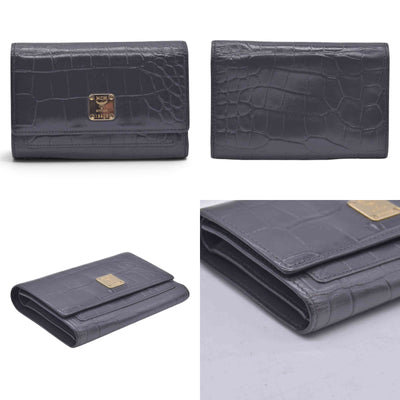 $380 MCM Embossed Crocodile Leather Logo Plaque Medium Flap Wallet Grey CONSIGNMENT 10021594