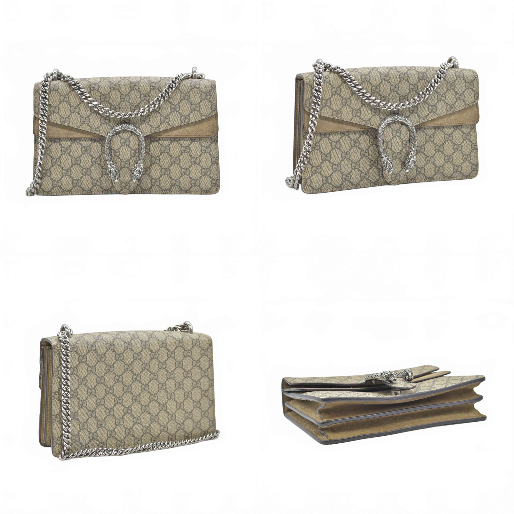$3350 GUCCI GG Supreme Monogram Suede Small Dionysus Shoulder Bag Beige Ebony Taupe