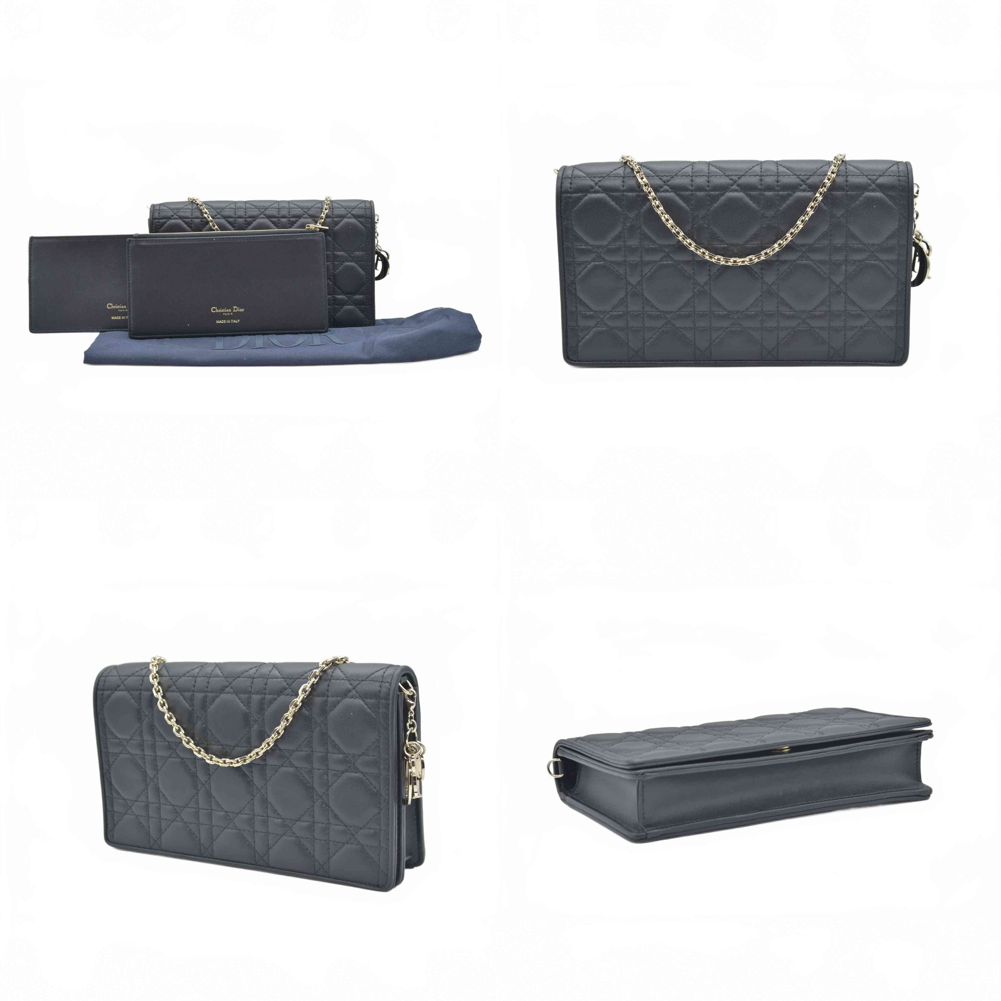 $2500 Christian Dior Lambskin Cannage Lady Dior Chain Wallet Black