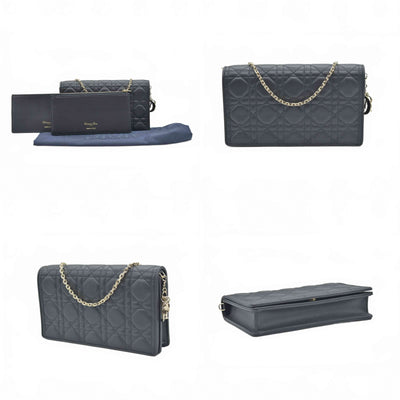 $2500 Christian Dior Lambskin Cannage Lady Dior Chain Wallet Black