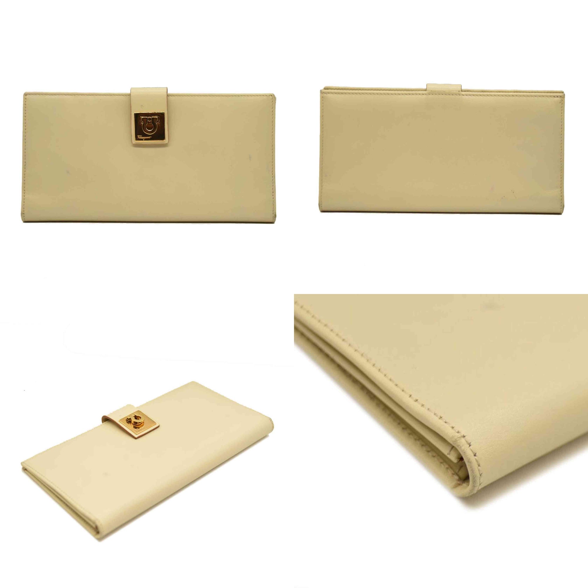 Salvatore Ferragamo Gancini Clip Leather Long Bifold Wallet Ivory CONSIGNMENT 10020992