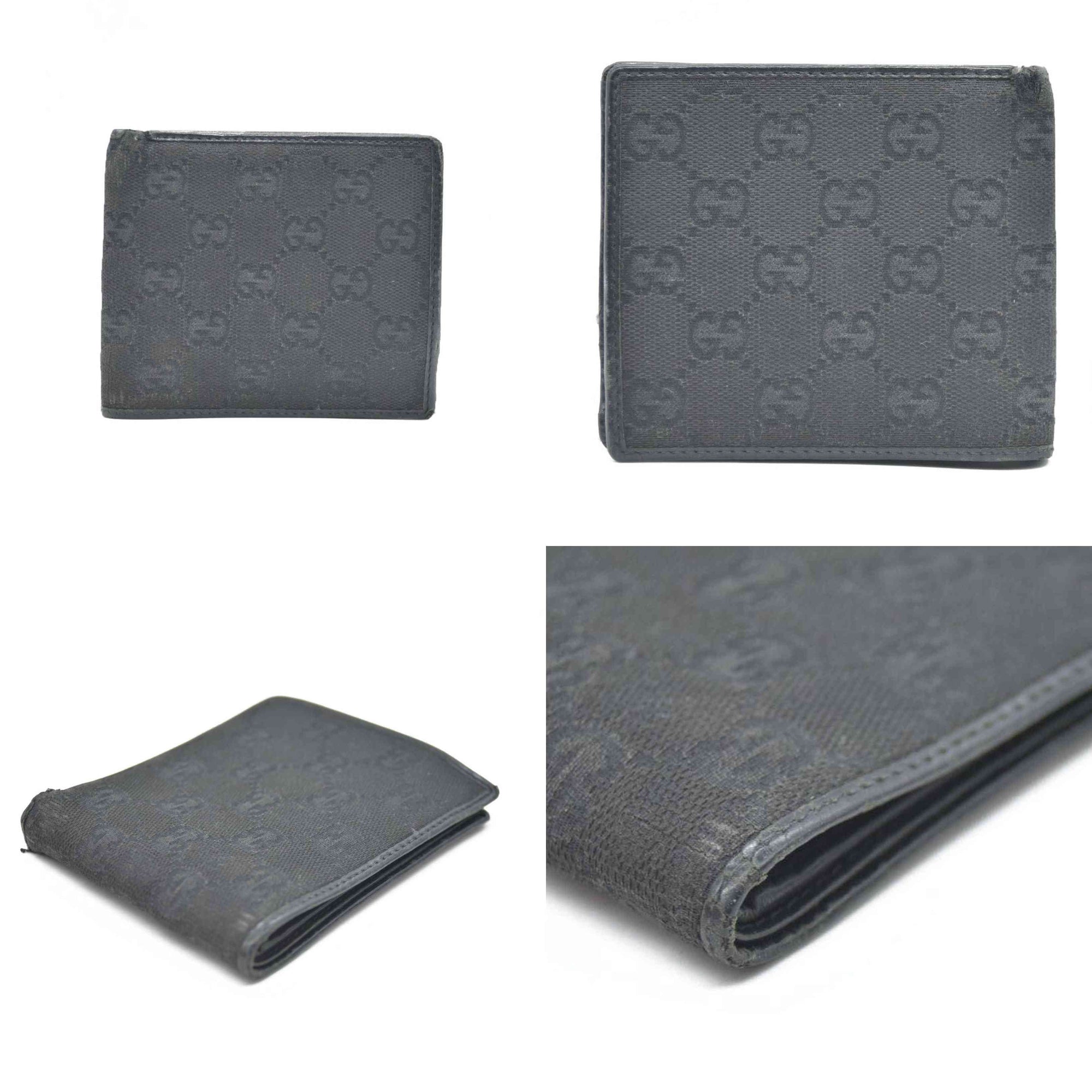 GUCCI GG Logo Canvas Leather Bifold Wallet Black