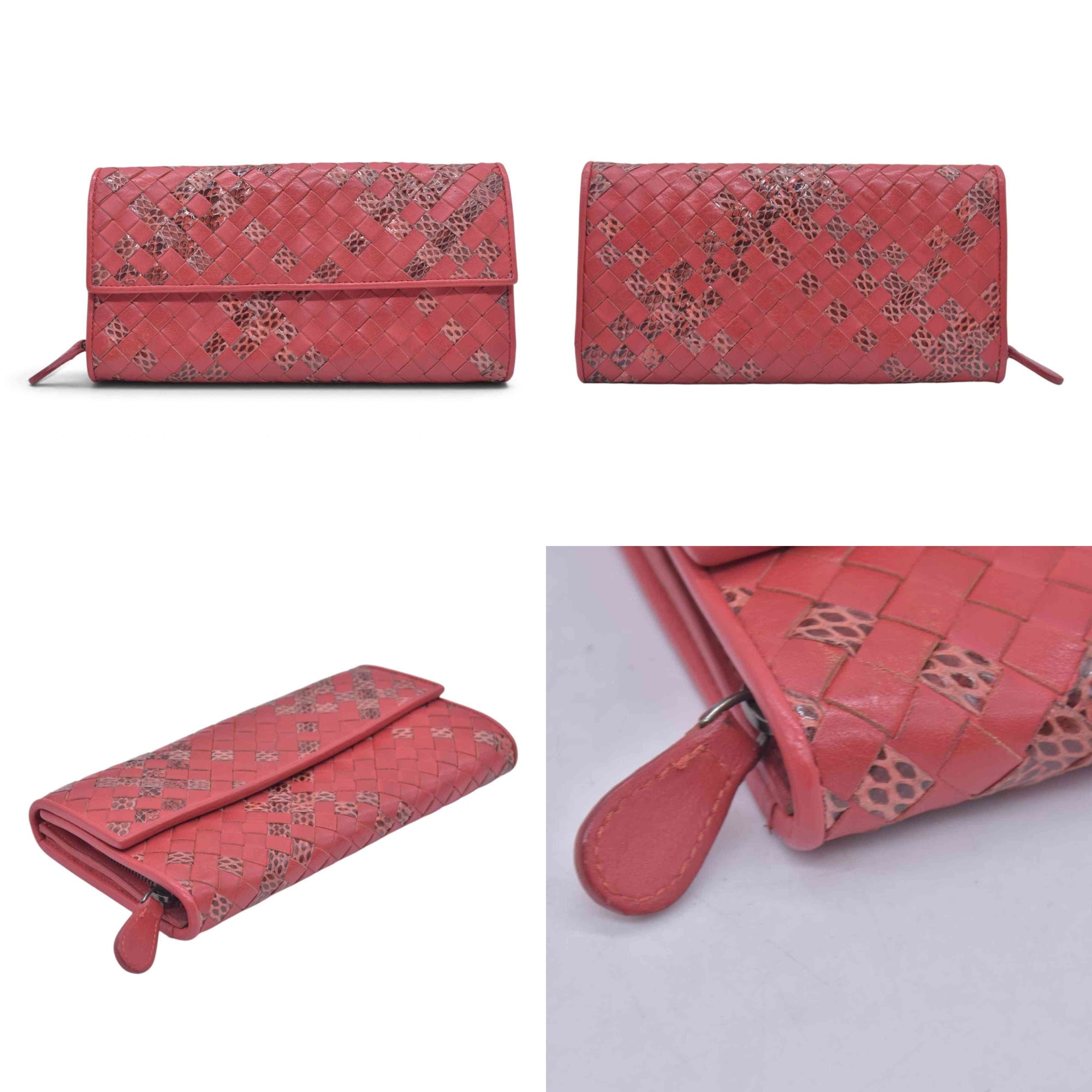 $820 BOTTEGA VENETA Nappa Intrecciato Snakeskin Continental Flap Wallet Coral PinkCONSIGNMENT 10021561