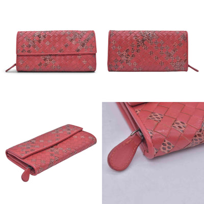 $820 BOTTEGA VENETA Nappa Intrecciato Snakeskin Continental Flap Wallet Coral PinkCONSIGNMENT 10021561