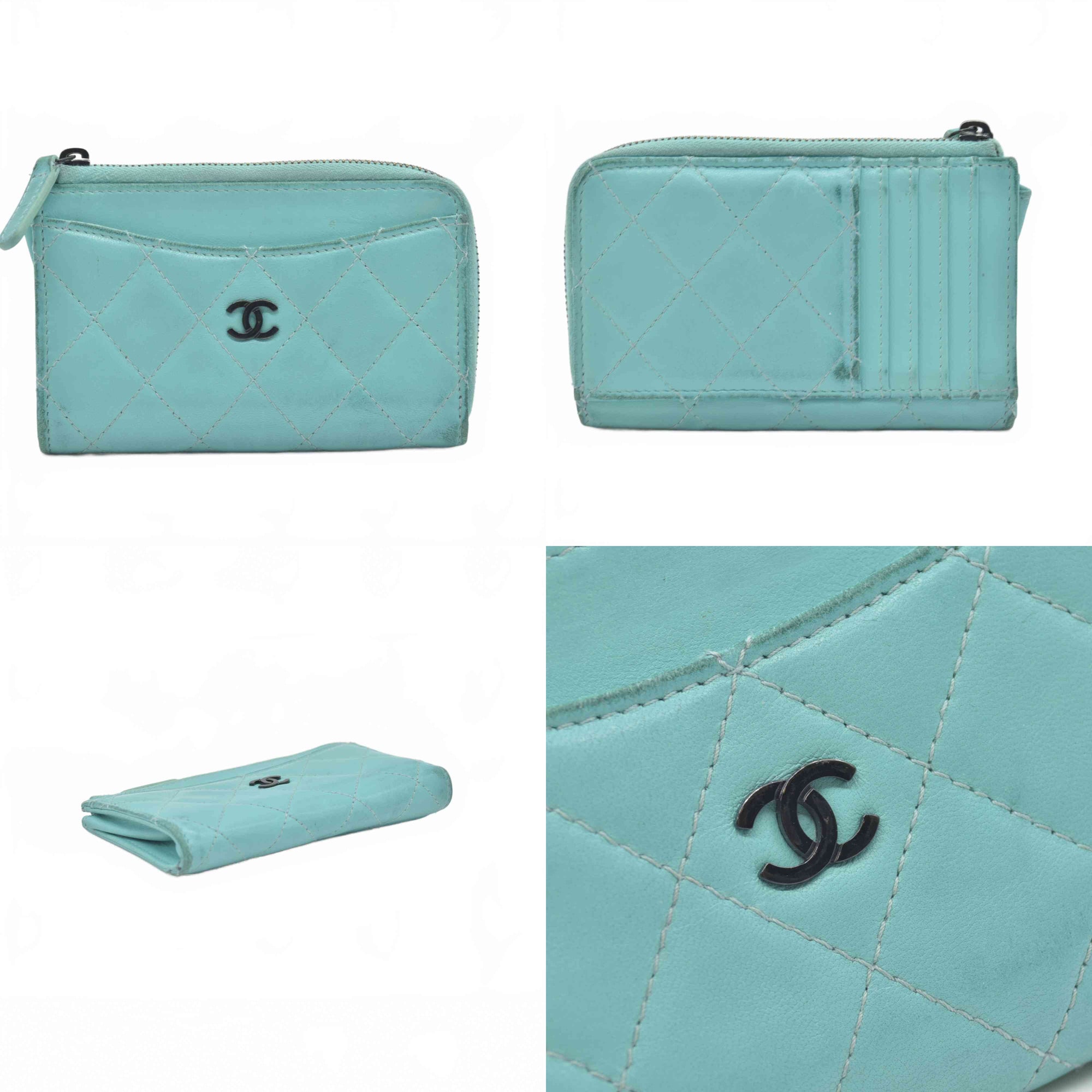 $1050 Chanel Matelasse Card Case Monogram Quilted Zip Around