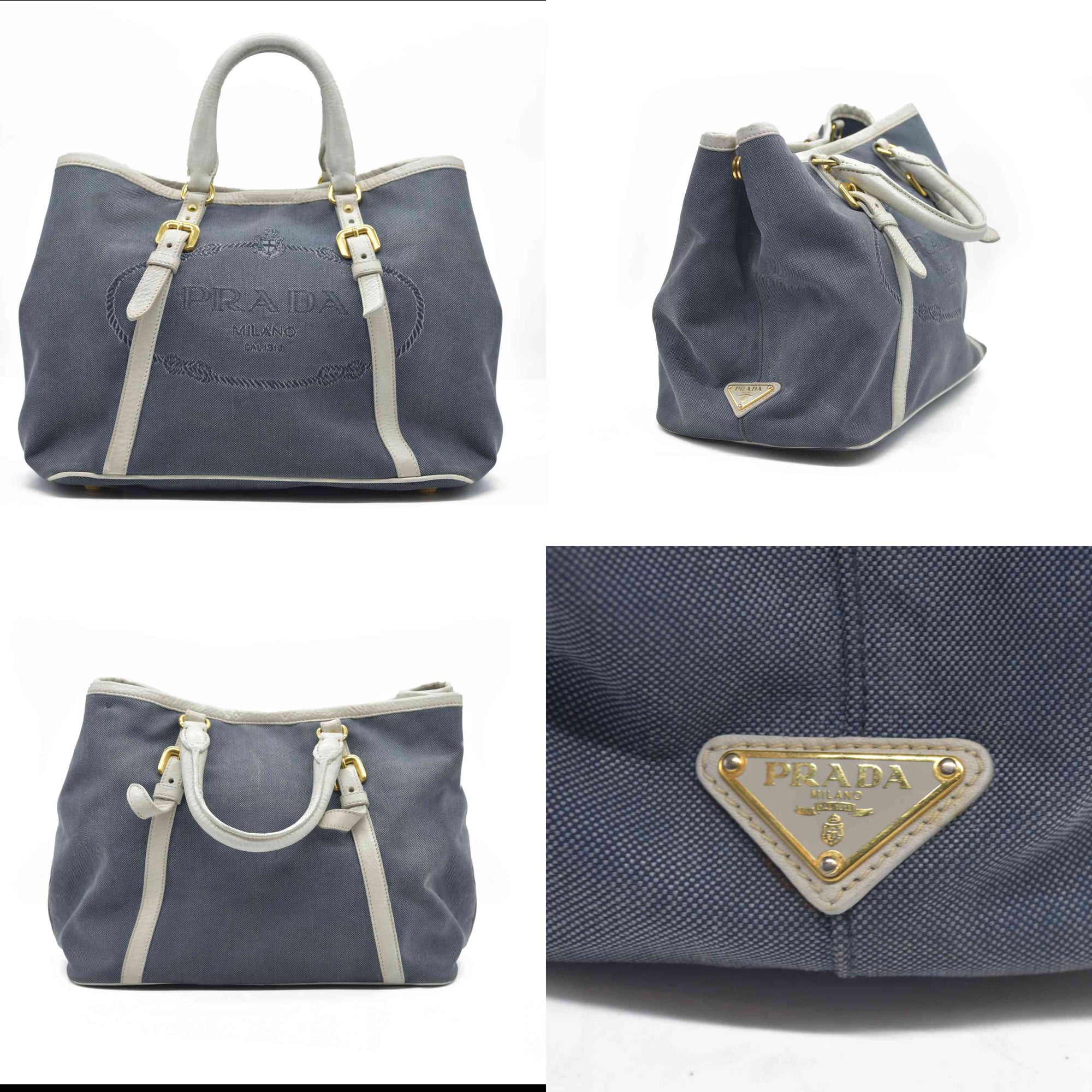 $2400 Prada Canapa Logo Jacquard Handle Bag Blue Denim - MyDesignerly