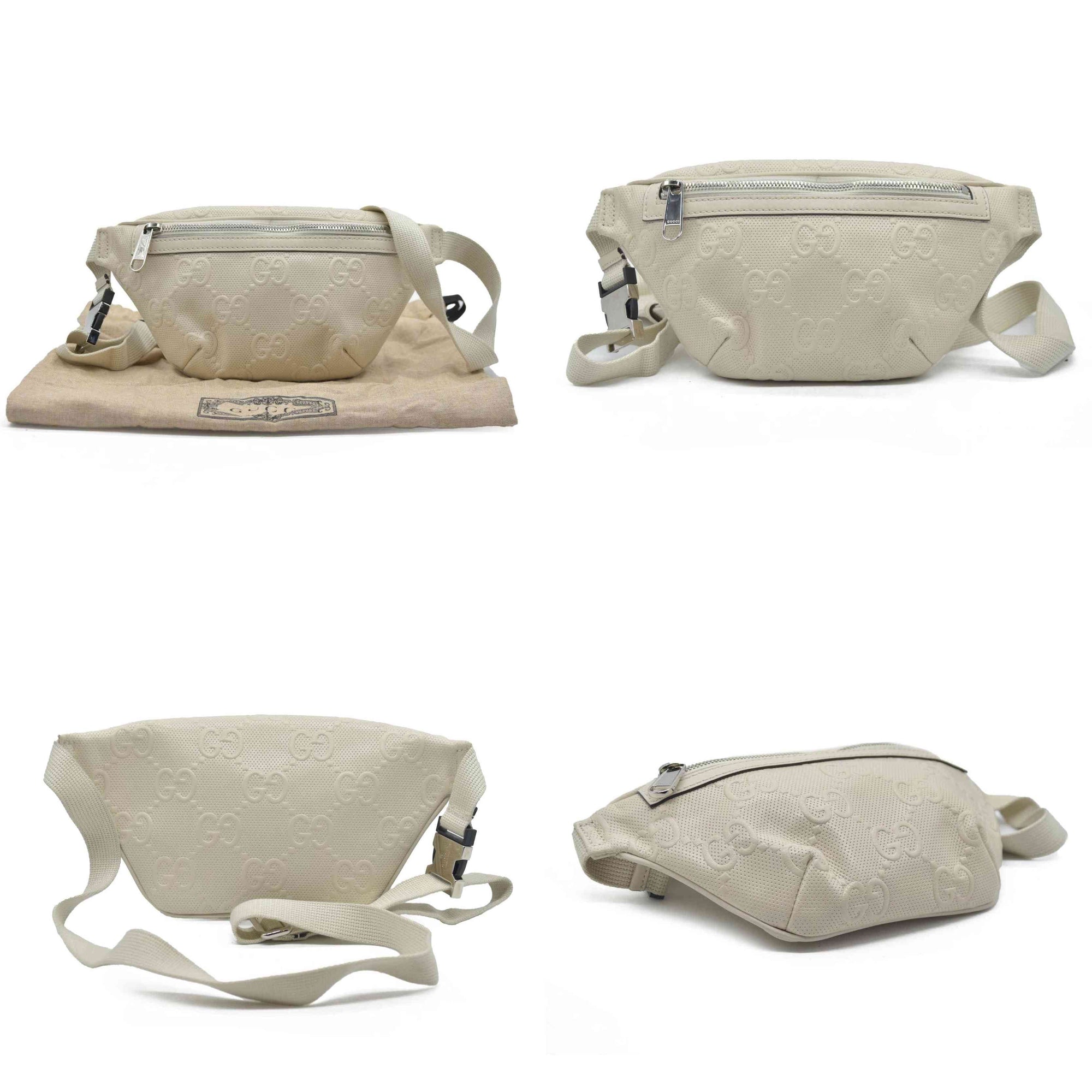 $950 Gucci  Calfskin GG Tennis Embossed Belt Bag Mystic White