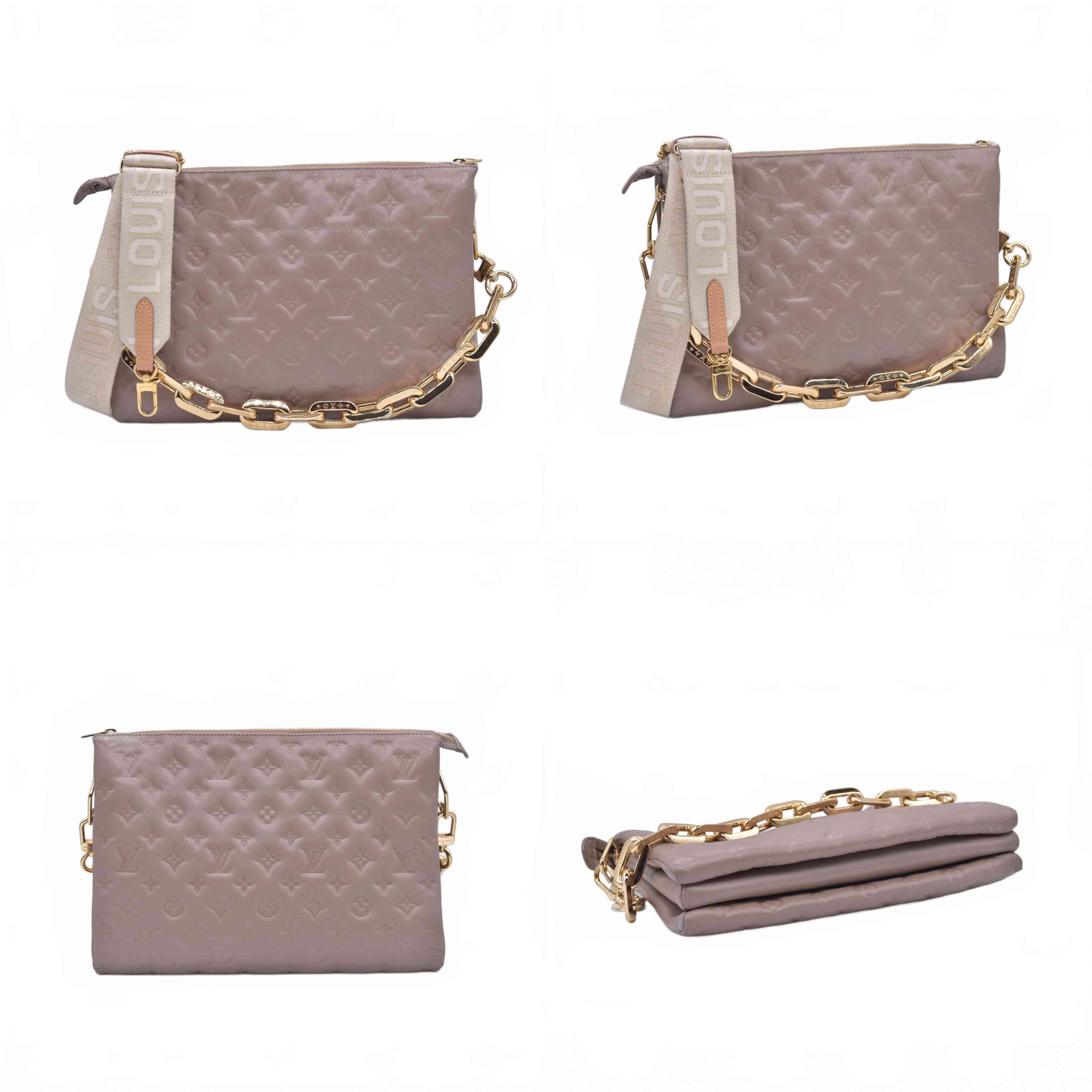 $5500 Louis Vuitton Lambskin Embossed Monogram Coussin MM Taupe RFID 10021358