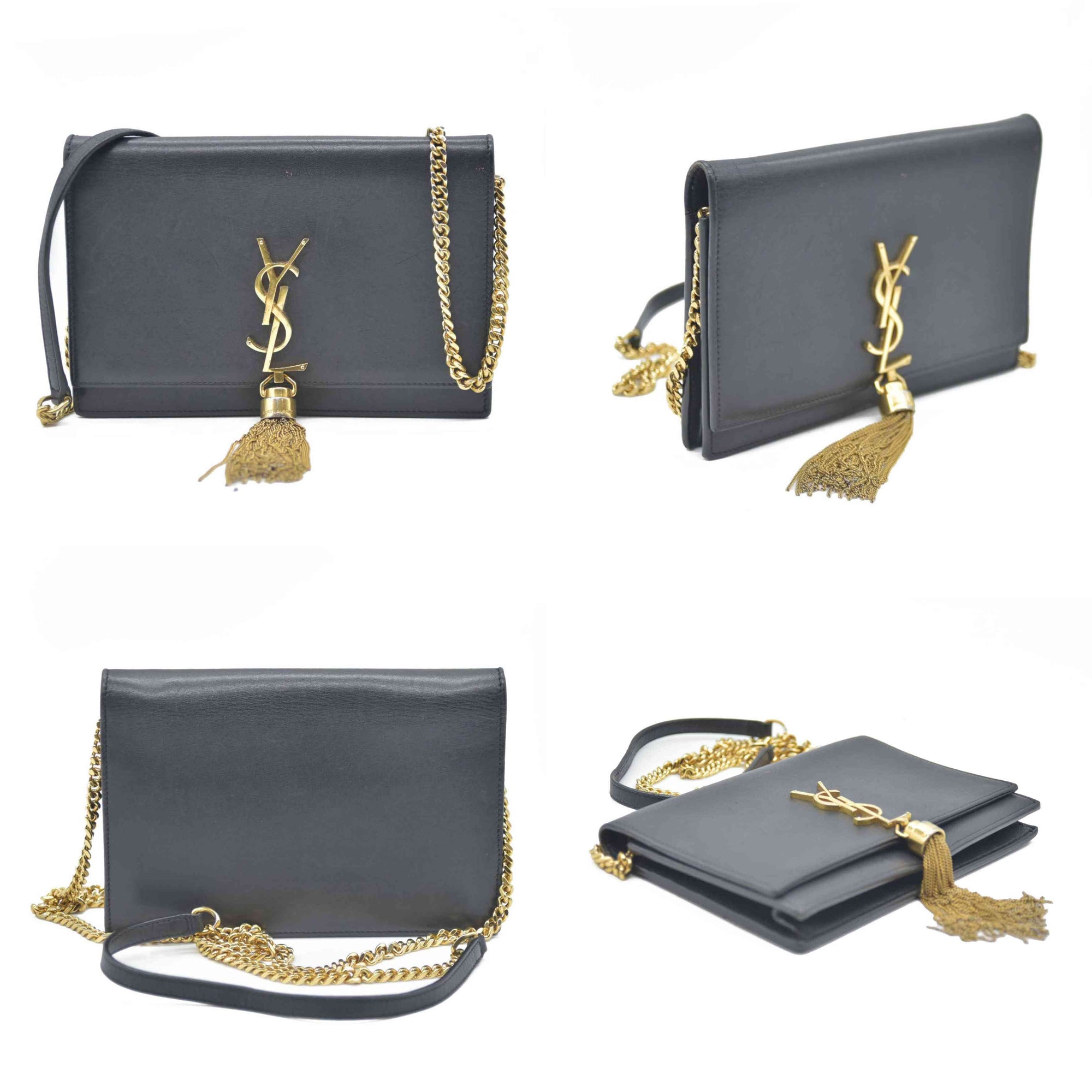 AUCTION $2400 Saint Laurent  Grain De Poudre Medium Classic Monogram Kate Tassel Satchel Black