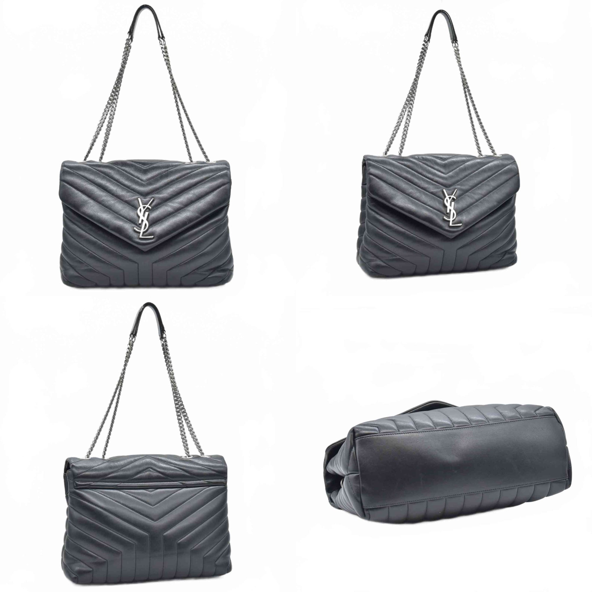 $3250 Saint Laurent Quilted Monogram Medium Loulou Chain Satchel Black