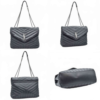 $3250 Saint Laurent Quilted Monogram Medium Loulou Chain Satchel Black