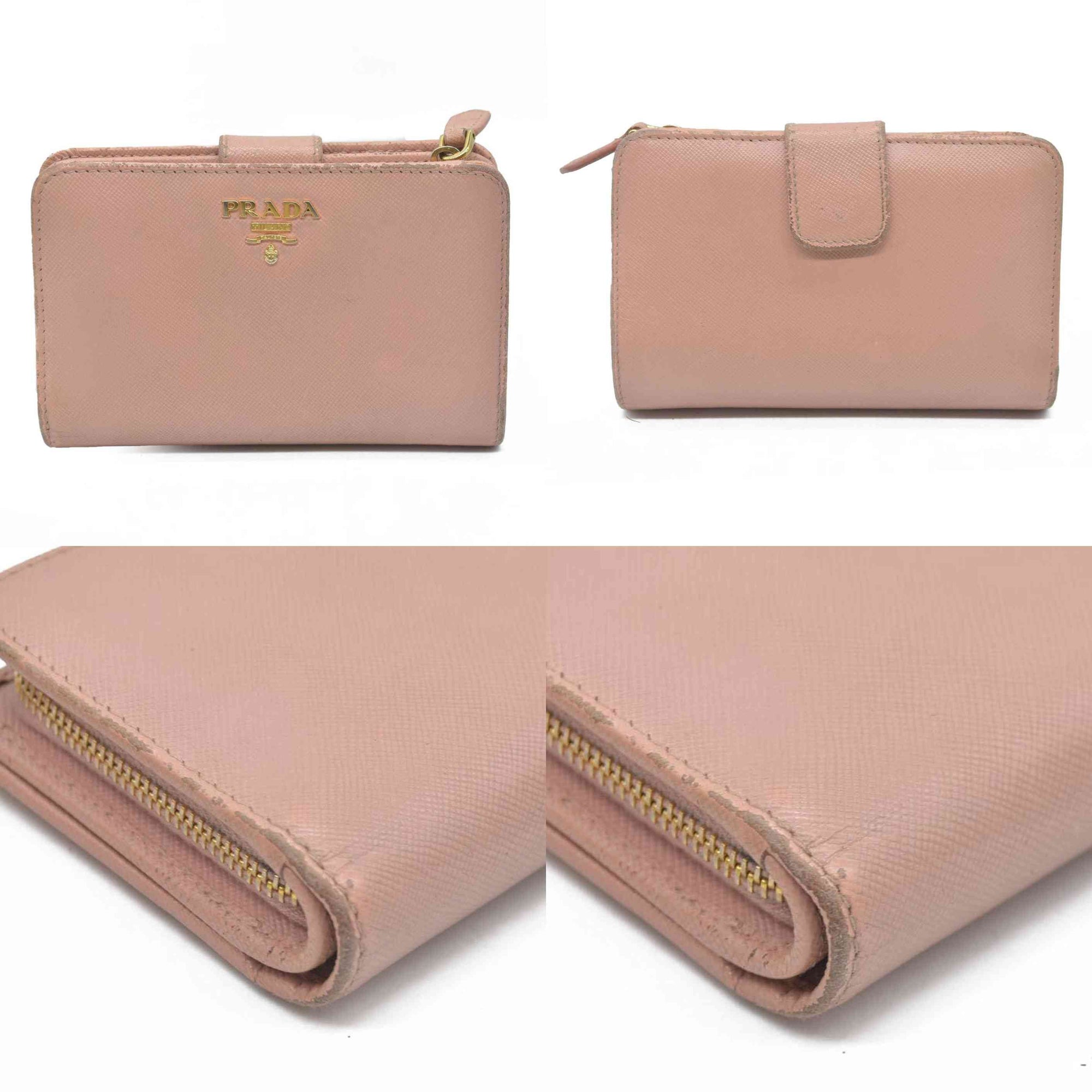 PRADA Logo Saffiano Leather Bifold Wallet Purse Pink
