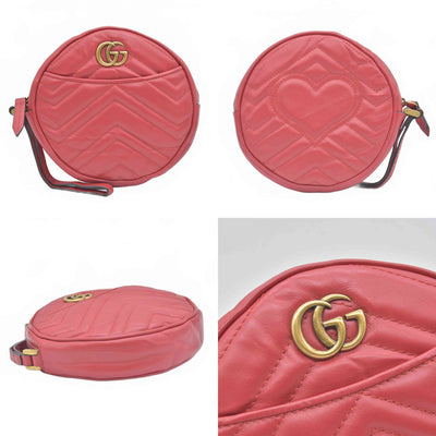 $680 Gucci Calfskin Matelasse GG Marmont Round Wrist Wallet Hibiscus Red