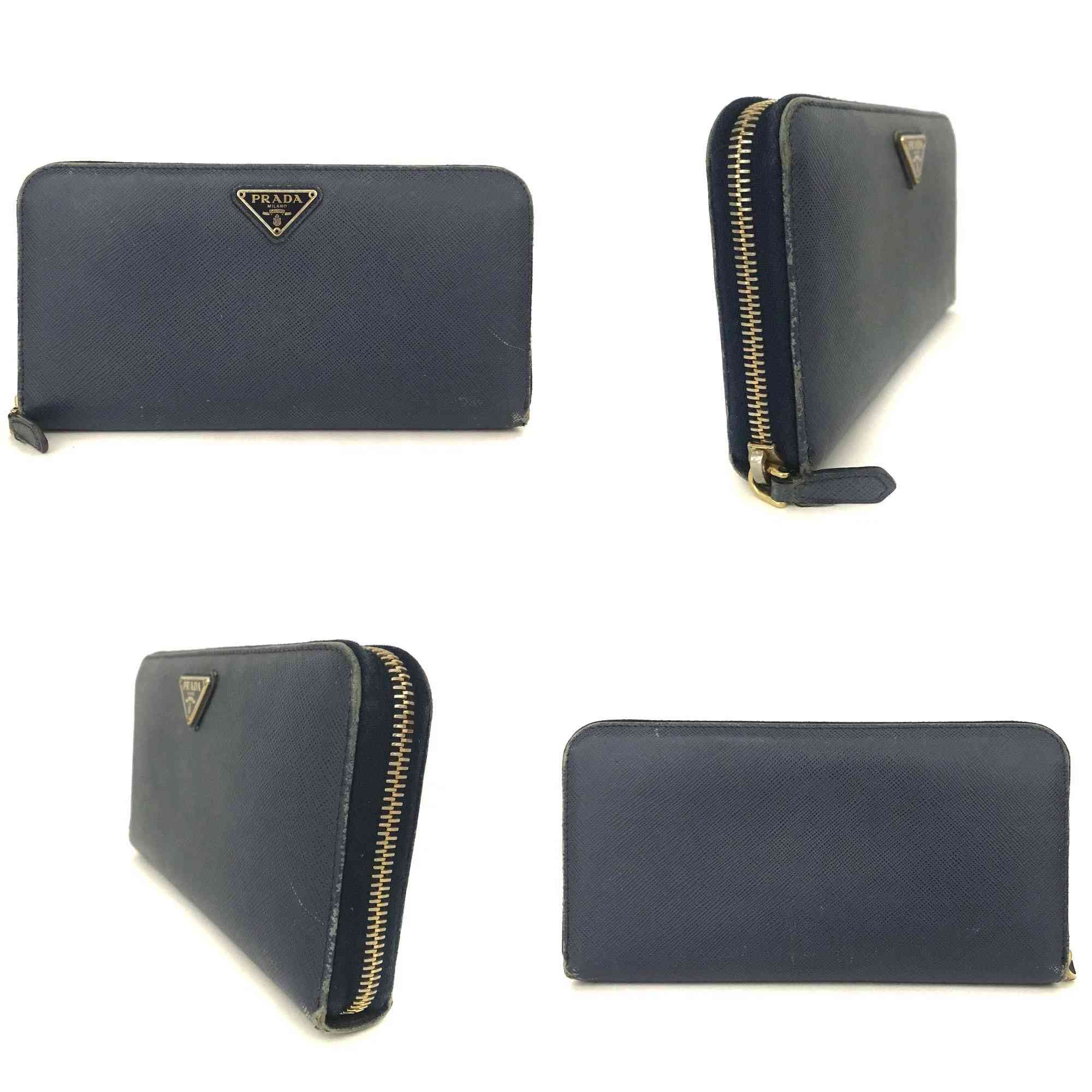 $1070 PRADA Logo Plate Saffiano Leather Zip Around Long Wallet Blue 10021016