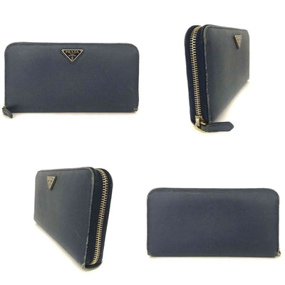 $1070 PRADA Logo Plate Saffiano Leather Zip Around Long Wallet Blue 10021016