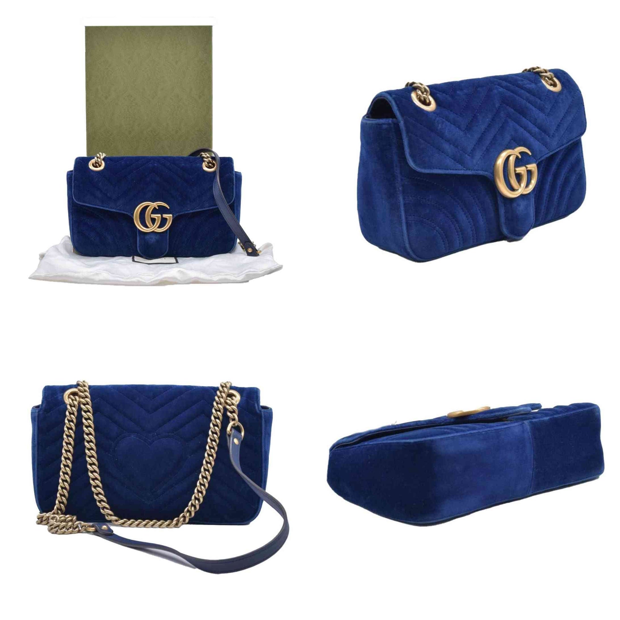 $2850 Gucci Velvet Matelasse Small GG Marmont Shoulder Bag Cobalt Blue CONSIGNMENT
