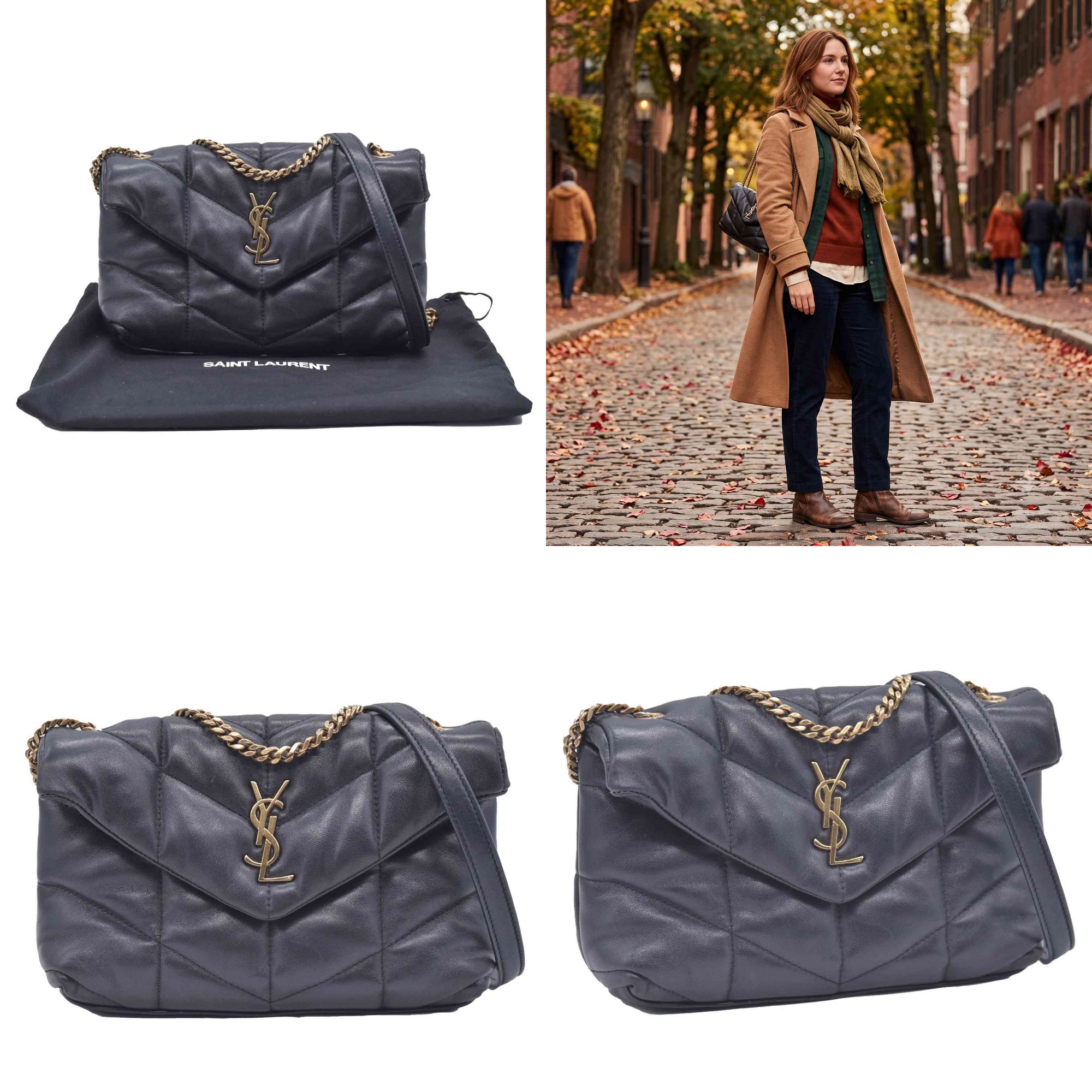 $2490 2022 Saint Laurent Lambskin Quilted Toy Loulou Puffer Monogram Chain Satchel Black