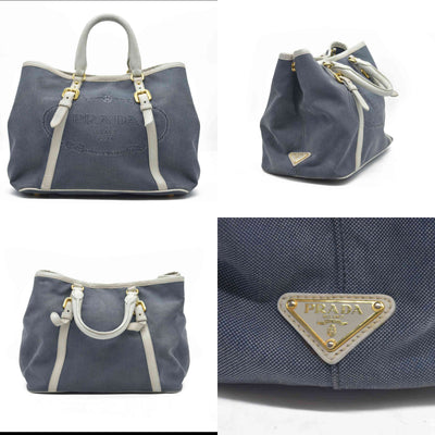 $2400 Prada Canapa Logo Jacquard Handle Bag Blue Denim