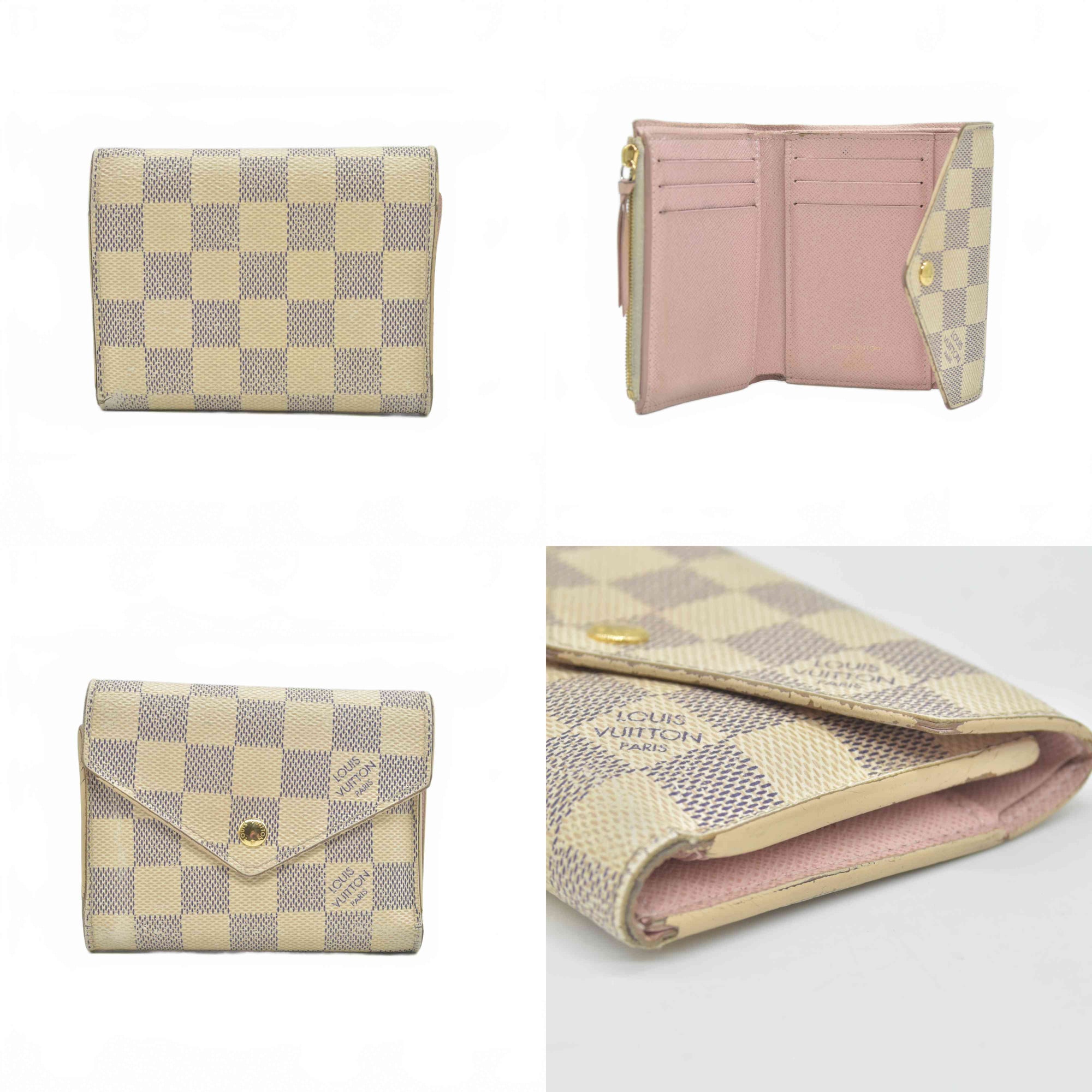 $625 2019 Louis Vuitton Damier Azur Rose Ballerine Victorine Wallet White Pink  FH4179