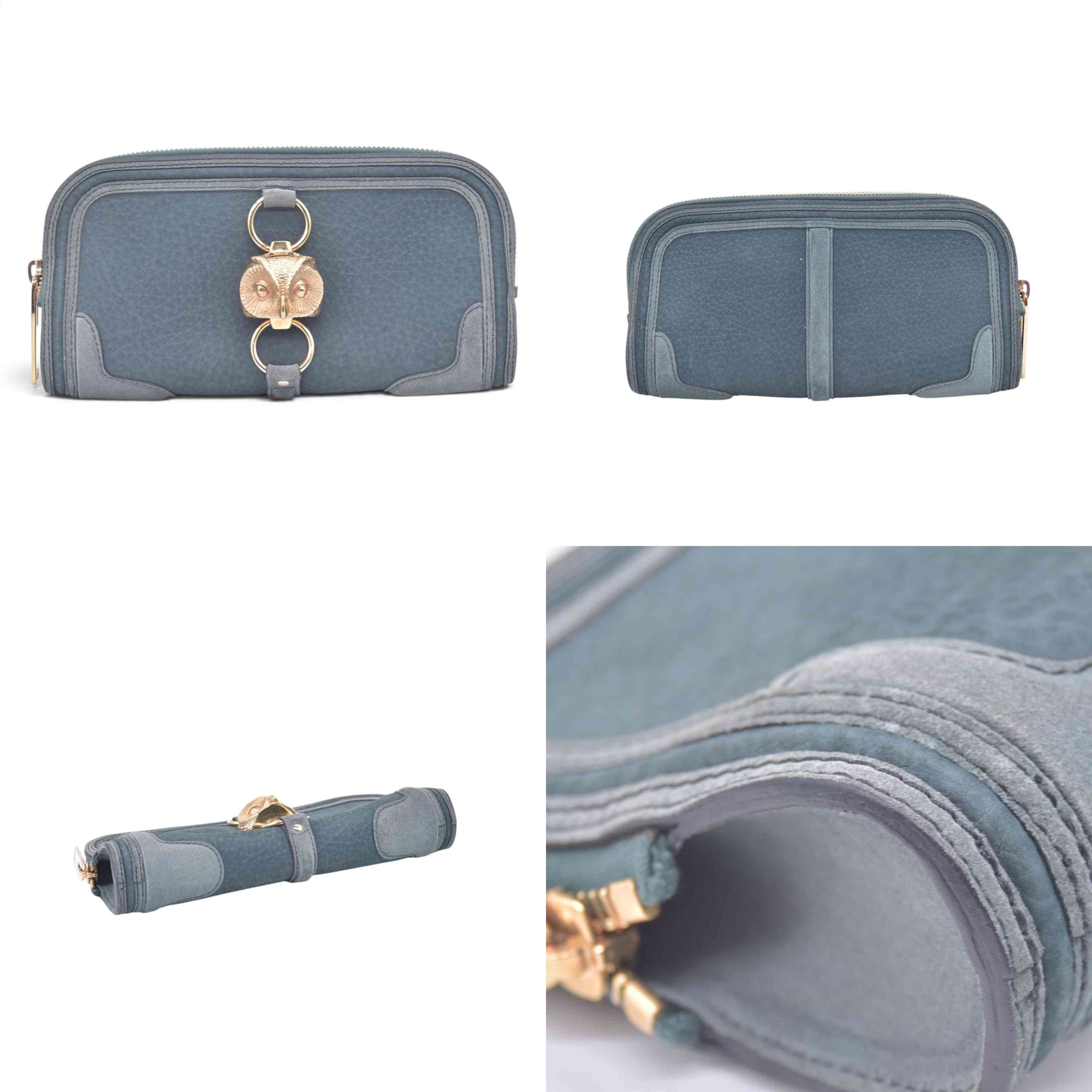 $695 Burberry Prorsum Grainy Nubuck Alma Owl Clutch Indigo Green CONSIGNMENT 10021441